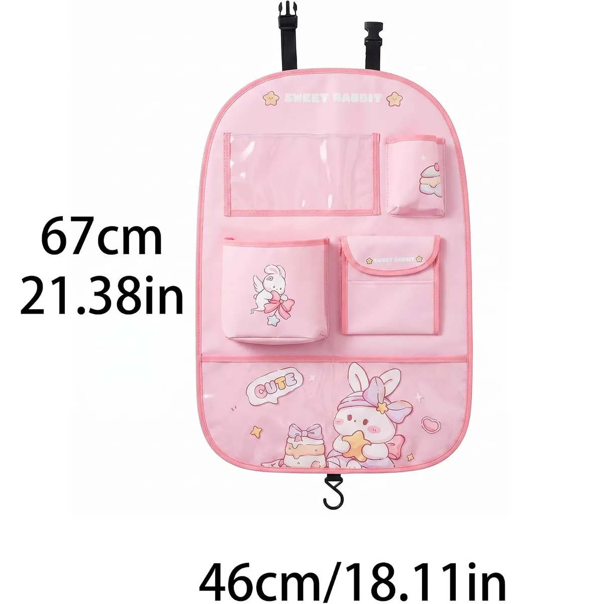 PU Leather Car Seat Back Organizer, Kick Mat with Tablet Holder for 10 Inch iPad, Multi-Pocket Storage for Bottles, Snacks, Cute Rabbit Design, Fits SUVs, Sedans