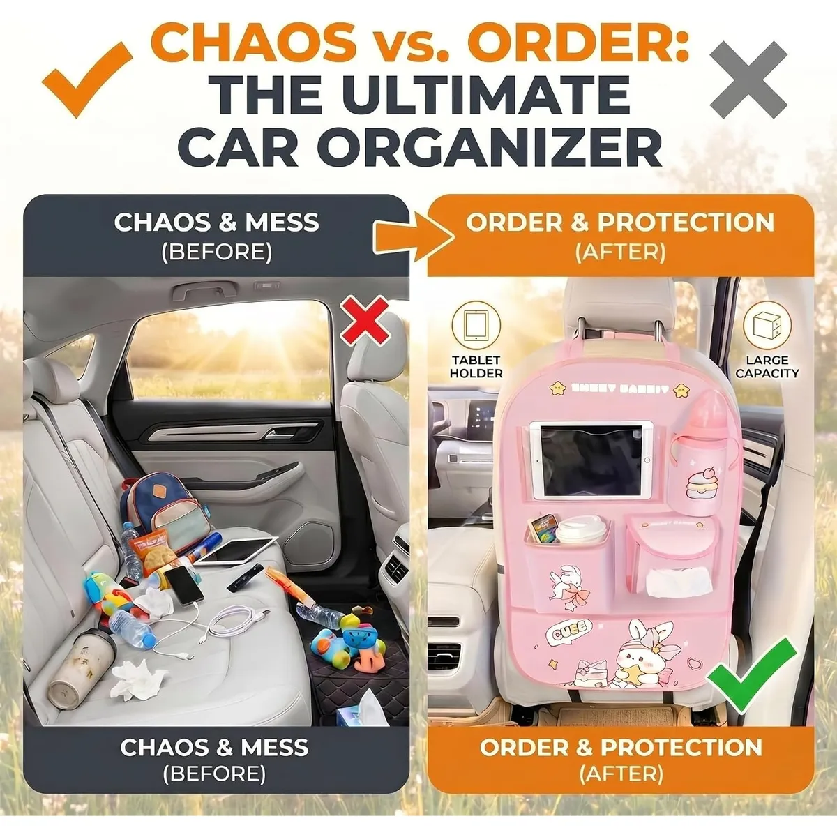 PU Leather Car Seat Back Organizer, Kick Mat with Tablet Holder for 10 Inch iPad, Multi-Pocket Storage for Bottles, Snacks, Cute Rabbit Design, Fits SUVs, Sedans