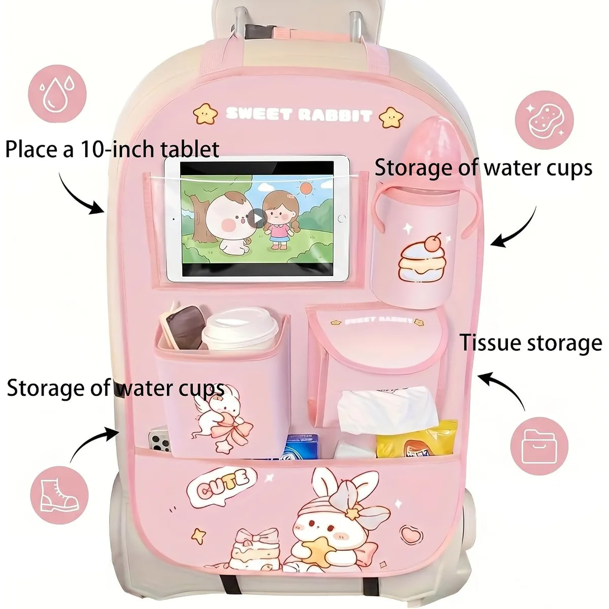 PU Leather Car Seat Back Organizer, Kick Mat with Tablet Holder for 10 Inch iPad, Multi-Pocket Storage for Bottles, Snacks, Cute Rabbit Design, Fits SUVs, Sedans