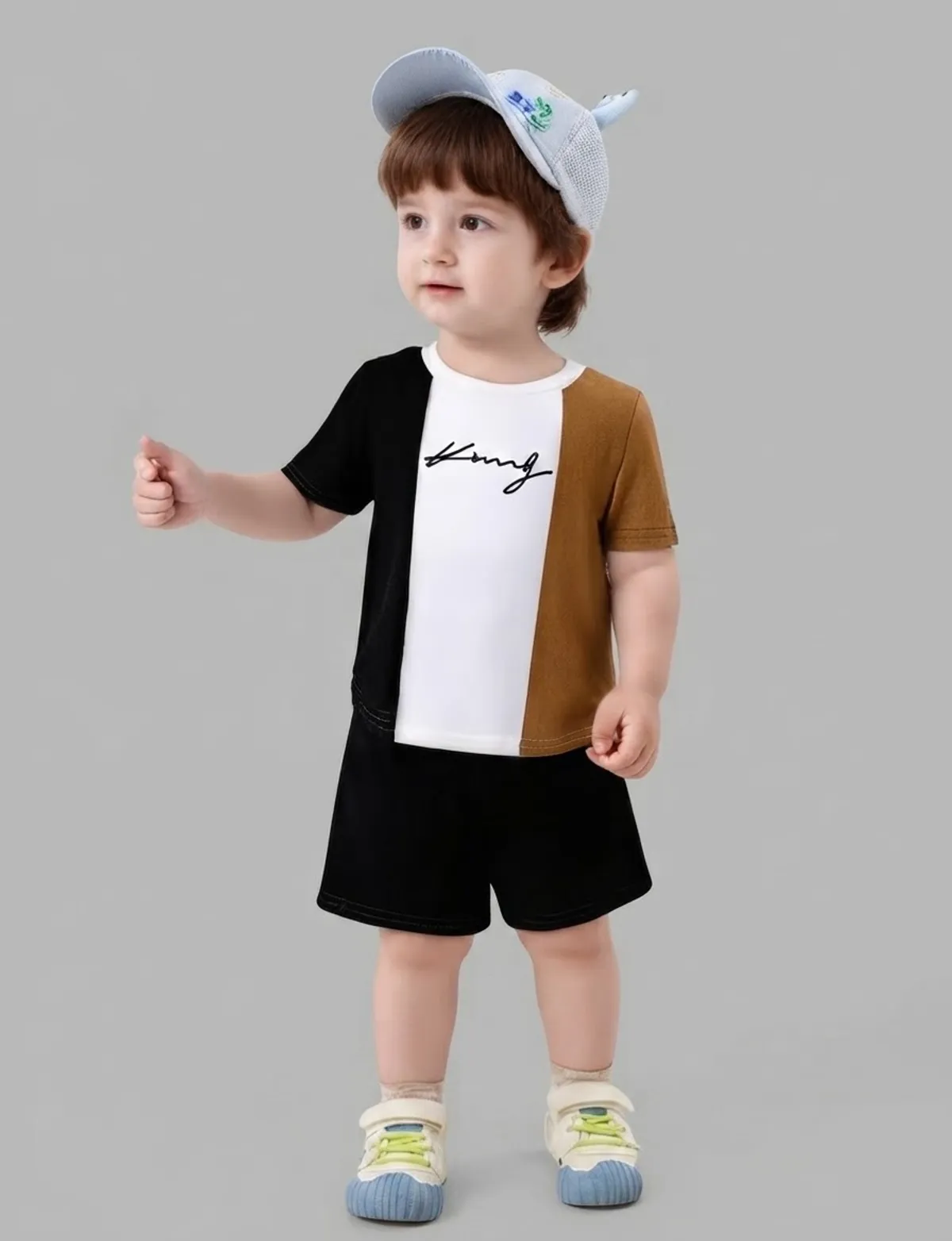 Baby Boy Summer Casual Crew Neck Short Sleeve Letter Print Top + Solid Color Elastic Waist Shorts 6PCS Set -Size 2-3Y