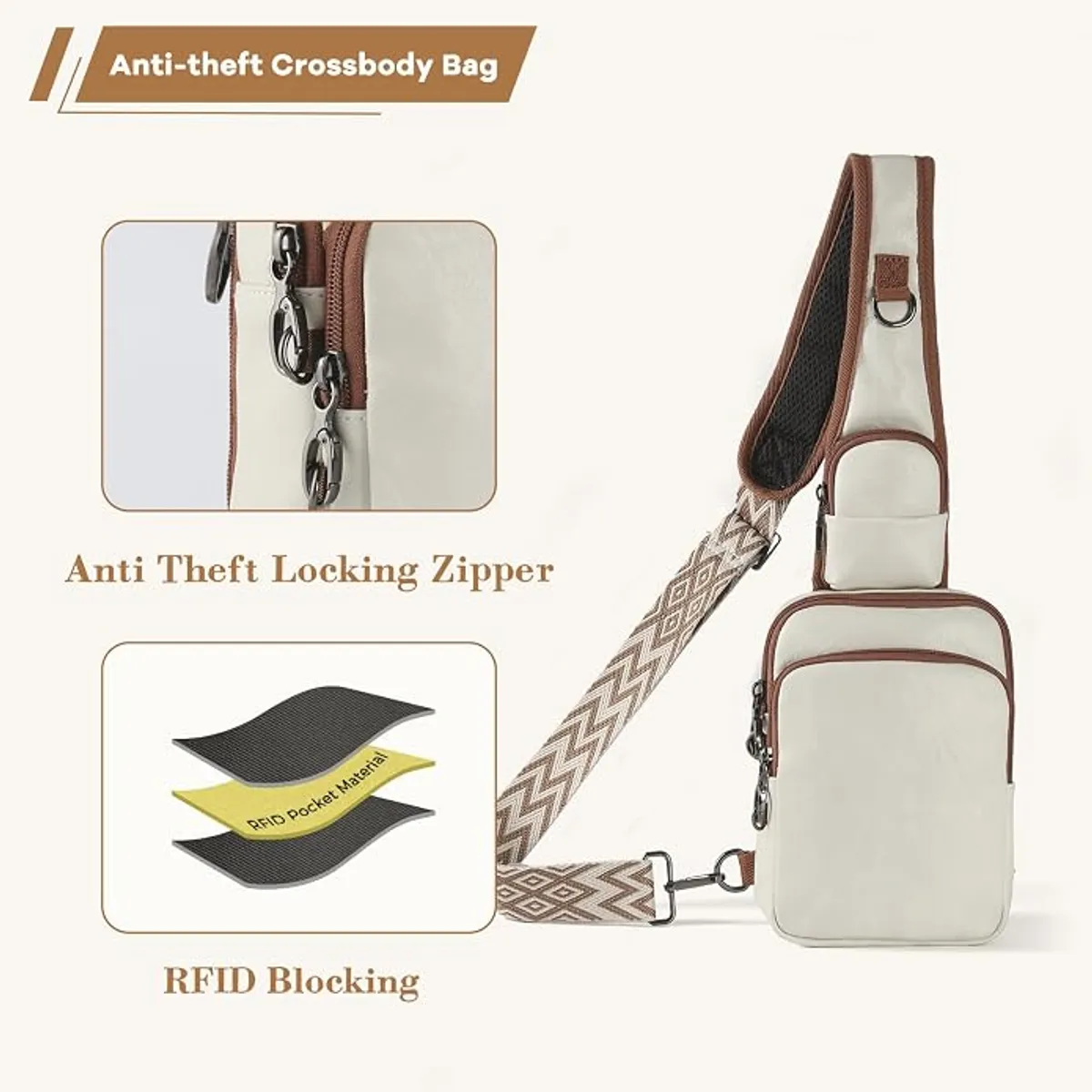 Anti-Theft Crossbody Sling Bag for Women, RFID Blocking Vegan Leather Purse with Locking Zippers, Water Resistant Travel Shoulder Bag, Multiple Pockets