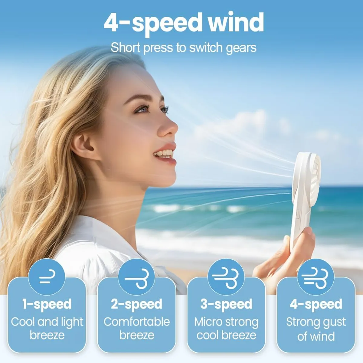 Rechargeable USB Handheld Fan, 4-Speed Portable Mini Fan with Stand, 1200mAh Battery, Night Light, Personal Cooling for Travel, Office, Bedroom, Outdoor