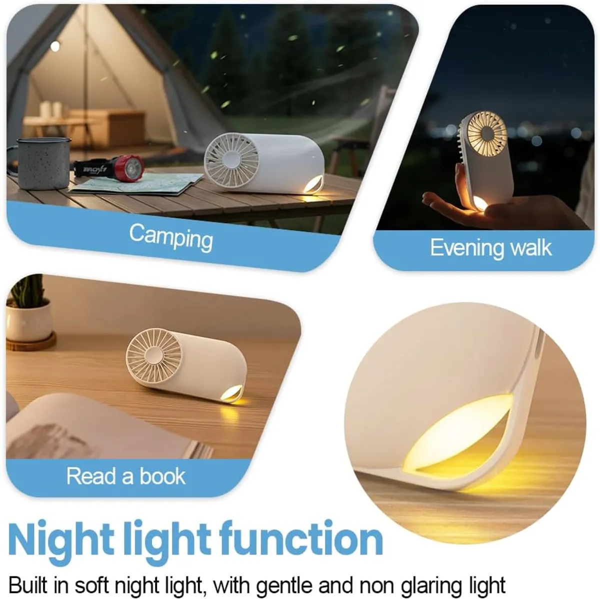 Rechargeable USB Handheld Fan, 4-Speed Portable Mini Fan with Stand, 1200mAh Battery, Night Light, Personal Cooling for Travel, Office, Bedroom, Outdoor