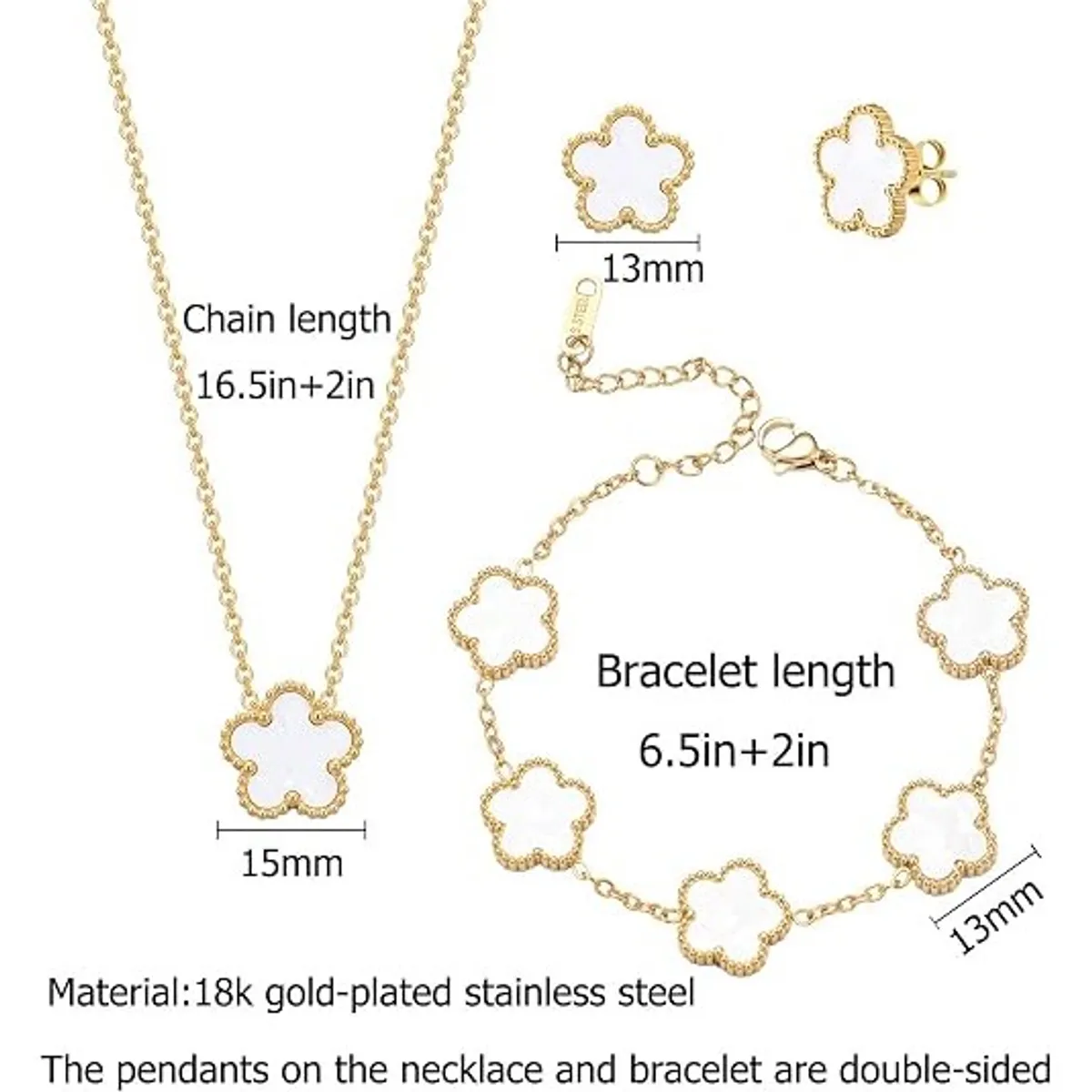 5-Leaf Clover Jewelry Set for Women, 18K Gold Plated Stainless Steel Necklace, Bracelet, Earrings, Hypoallergenic Luck Charm Gift, Tarnish Resistant
