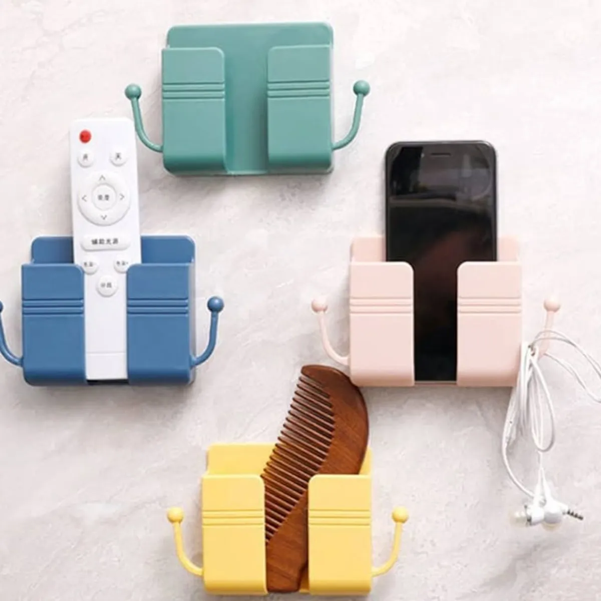 Wall Mount Phone Holder, Adjustable Bracket Shelf with Hooks, Storage Box, Yellow, Small, for Mobile Phones, Charging Cables, Headset.
