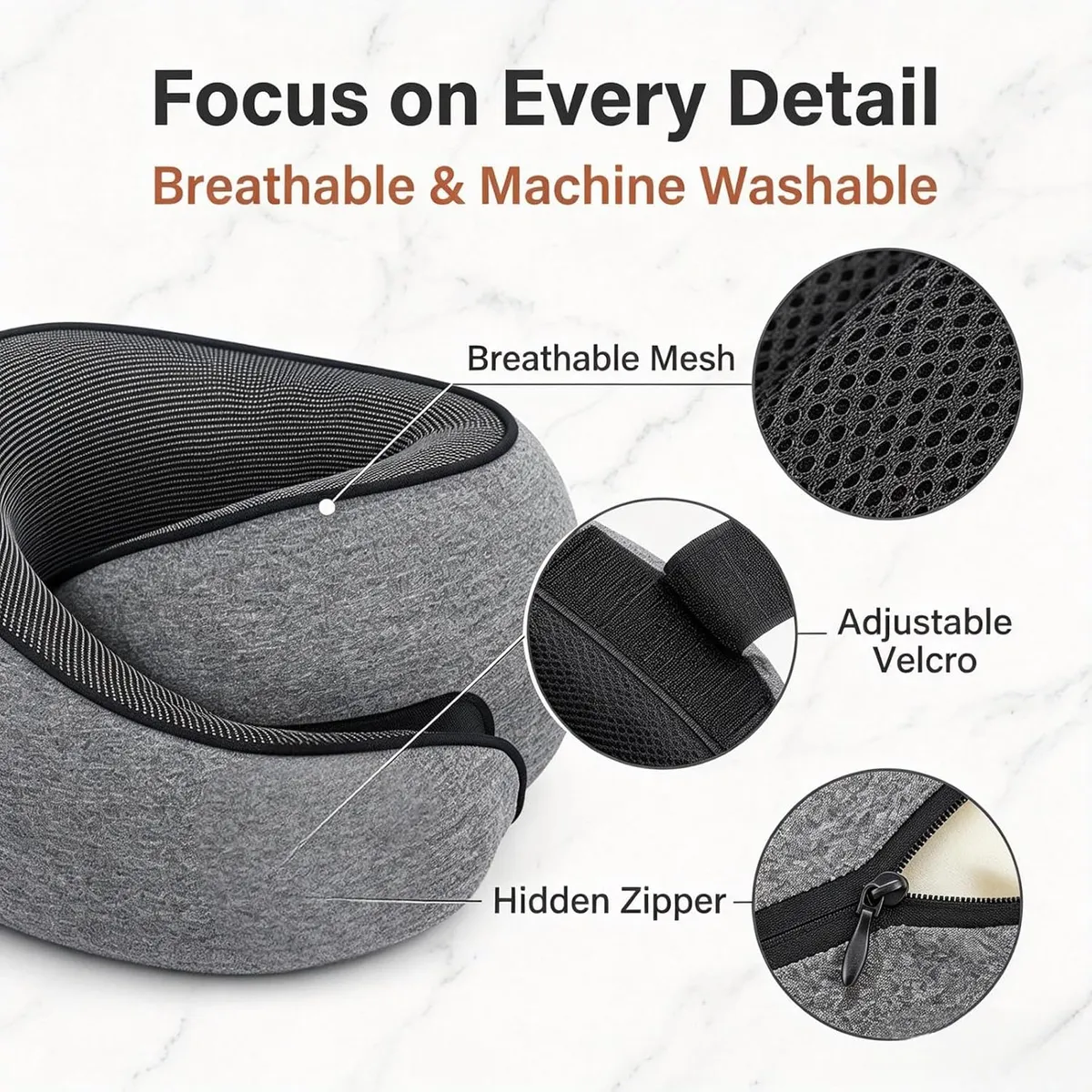 Memory Foam Travel Neck Pillow, 360° Ergonomic Support with Adjustable Strap, Washable Cover, Lightweight Head Rest for Airplane, Car, Bus, Gray