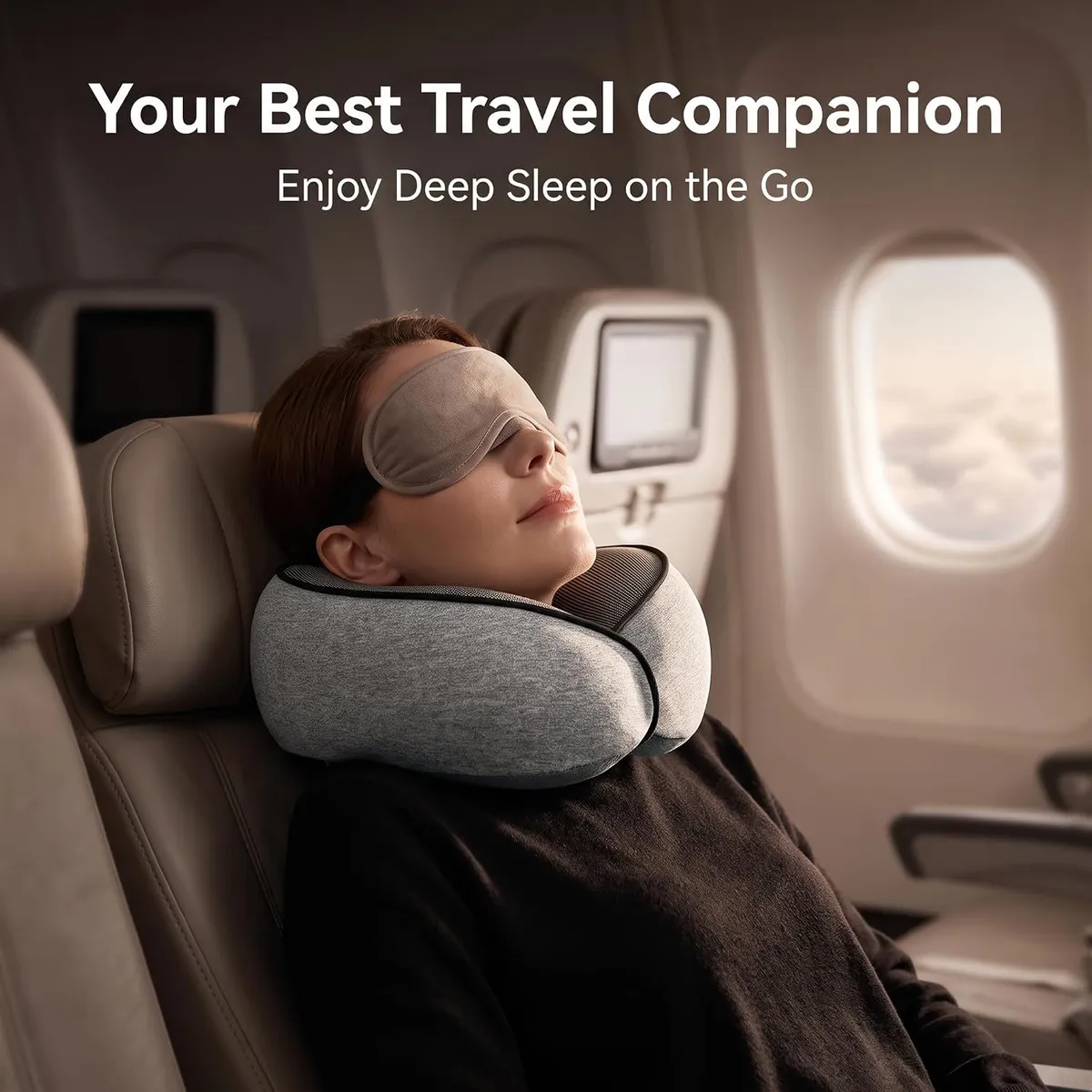 Memory Foam Travel Neck Pillow, 360° Ergonomic Support with Adjustable Strap, Washable Cover, Lightweight Head Rest for Airplane, Car, Bus, Gray