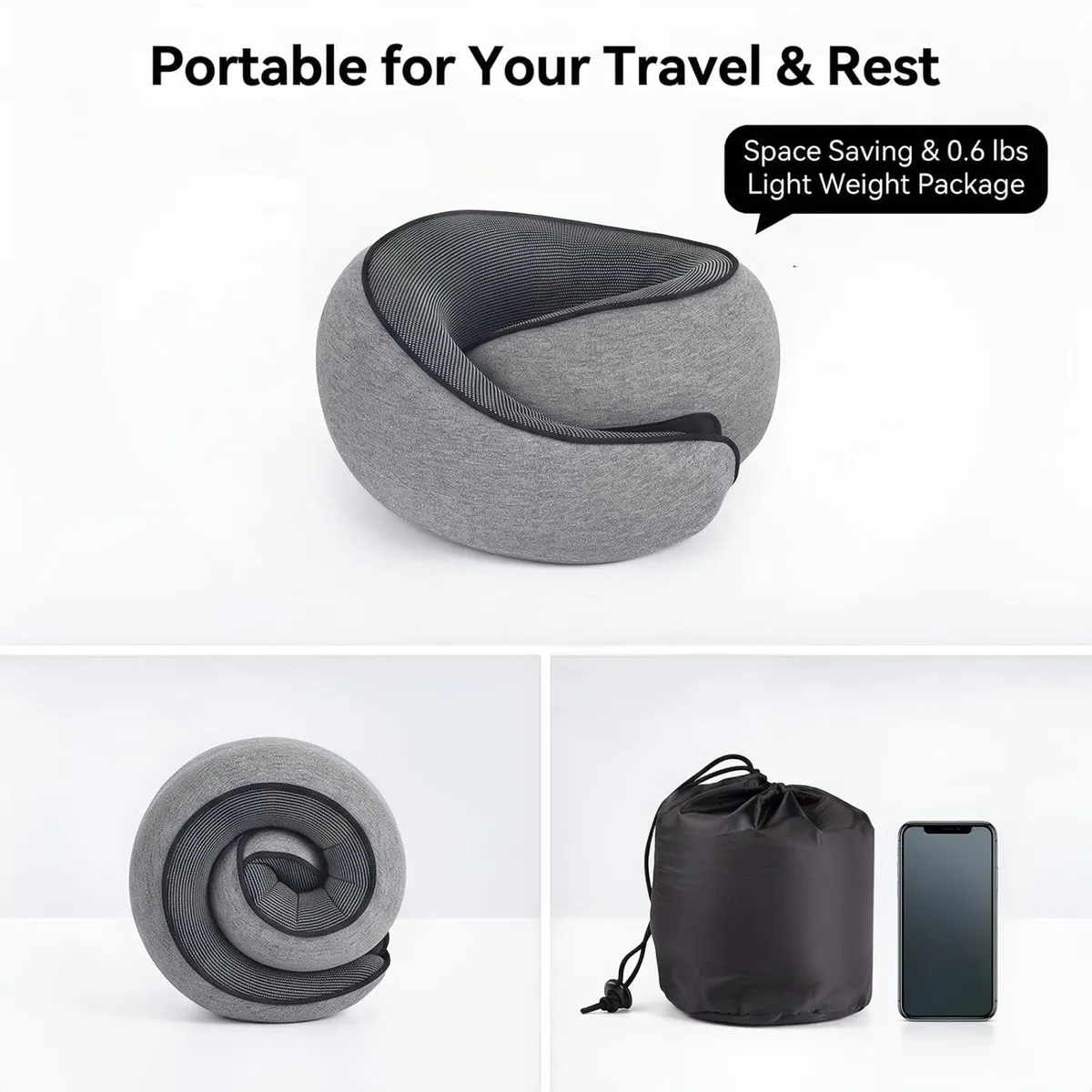 Memory Foam Travel Neck Pillow, 360° Ergonomic Support with Adjustable Strap, Washable Cover, Lightweight Head Rest for Airplane, Car, Bus, Gray