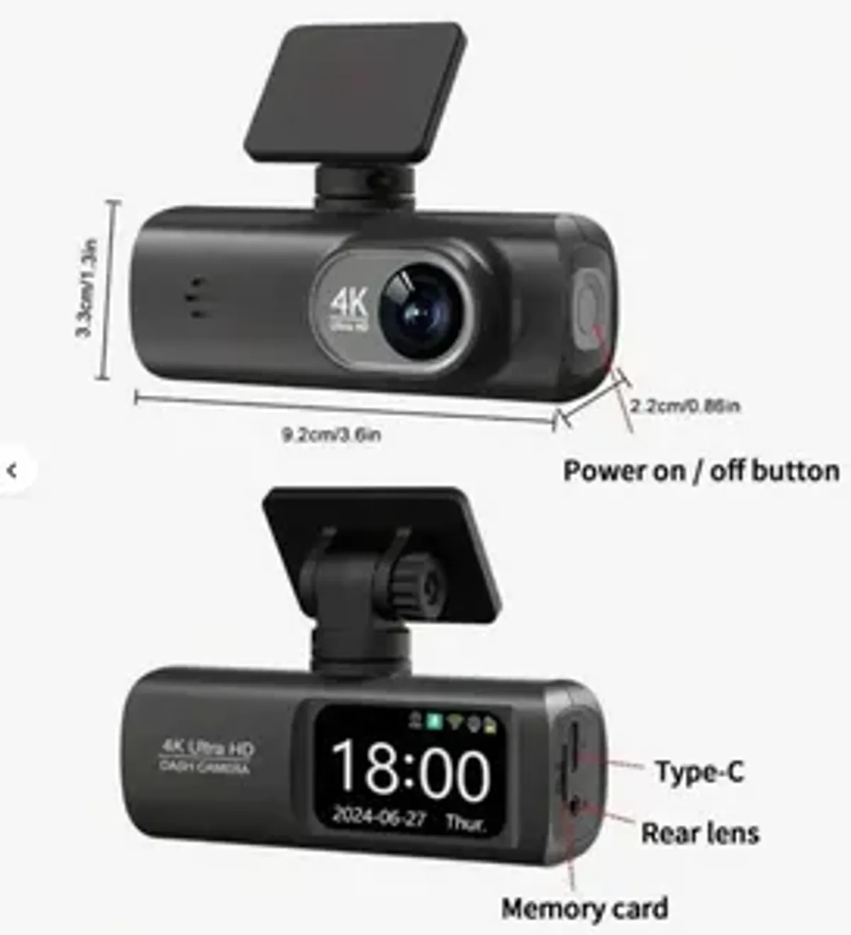 Windshield-mount 4K Ultra HD Dual Dashcam, WiFi Front And Rear Dual Lens Dash Camera, 1.5" IPS Screen, App Supported (without SD Card)