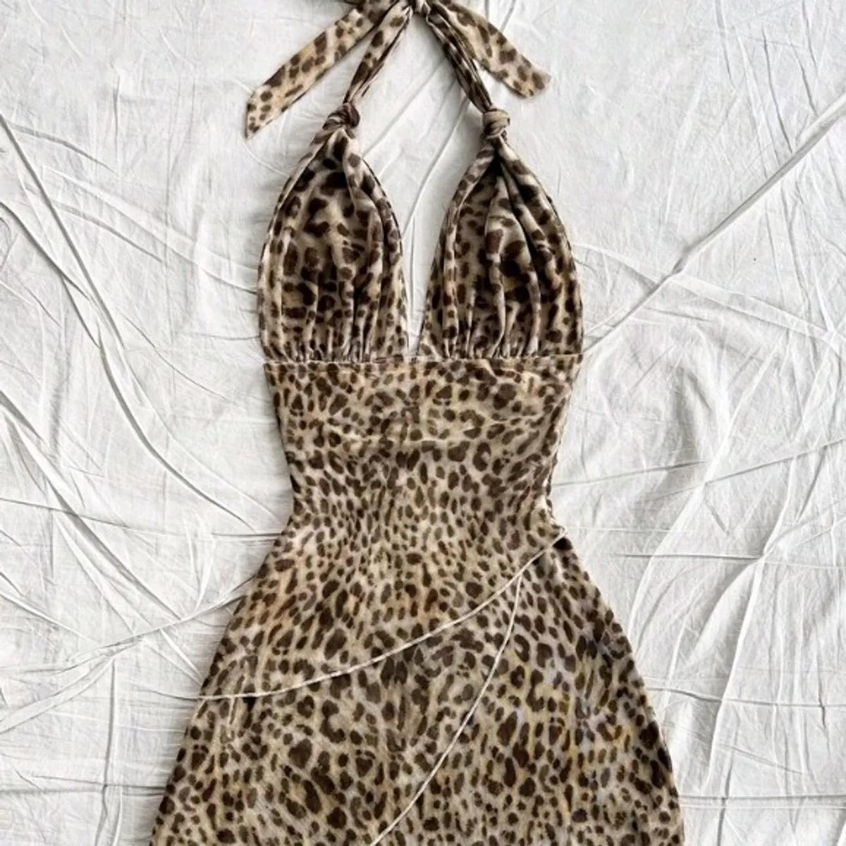 Women Brown Leopard Printed Pleated Halter Neck Dress-Size 2XL