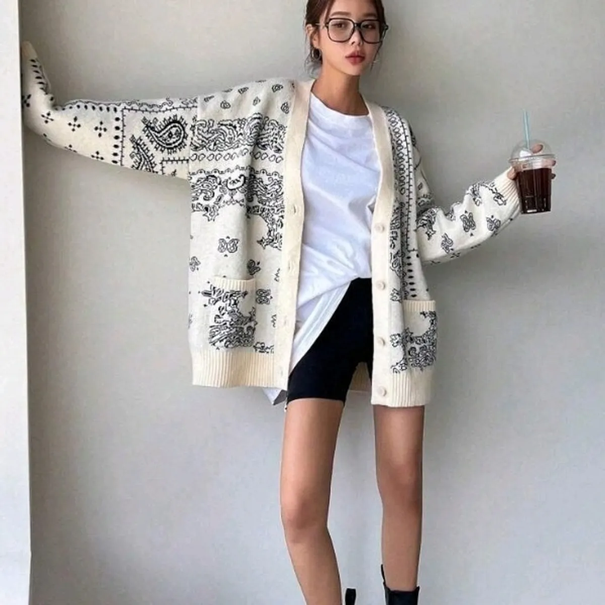 Women Beige Paisley Pattern Cardigan L