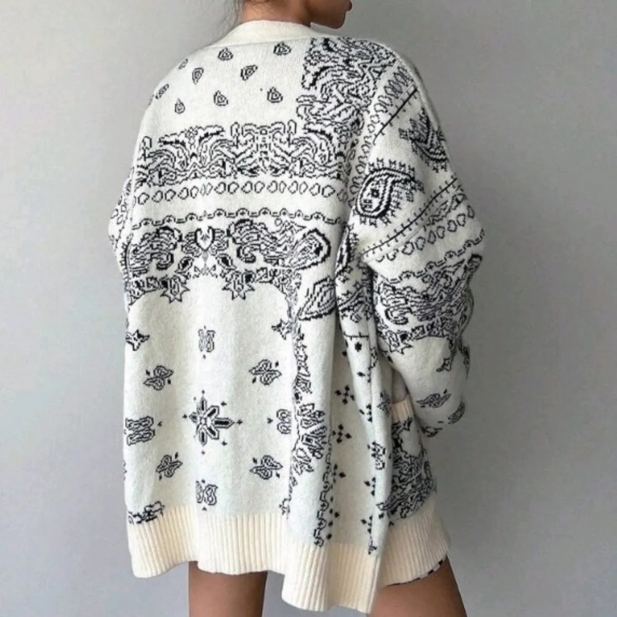 Women Beige Paisley Pattern Cardigan L