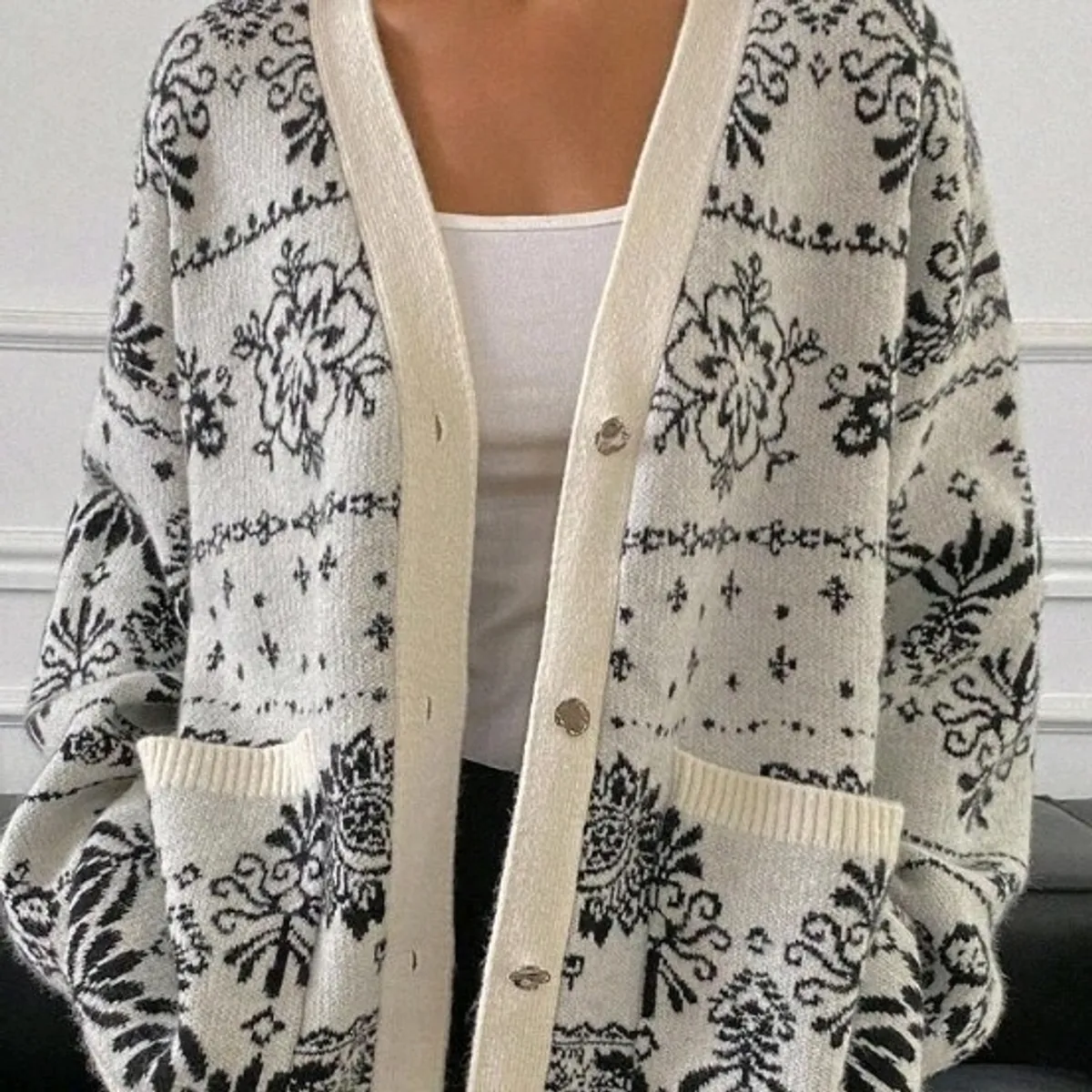 Women Beige Paisley Pattern Cardigan L