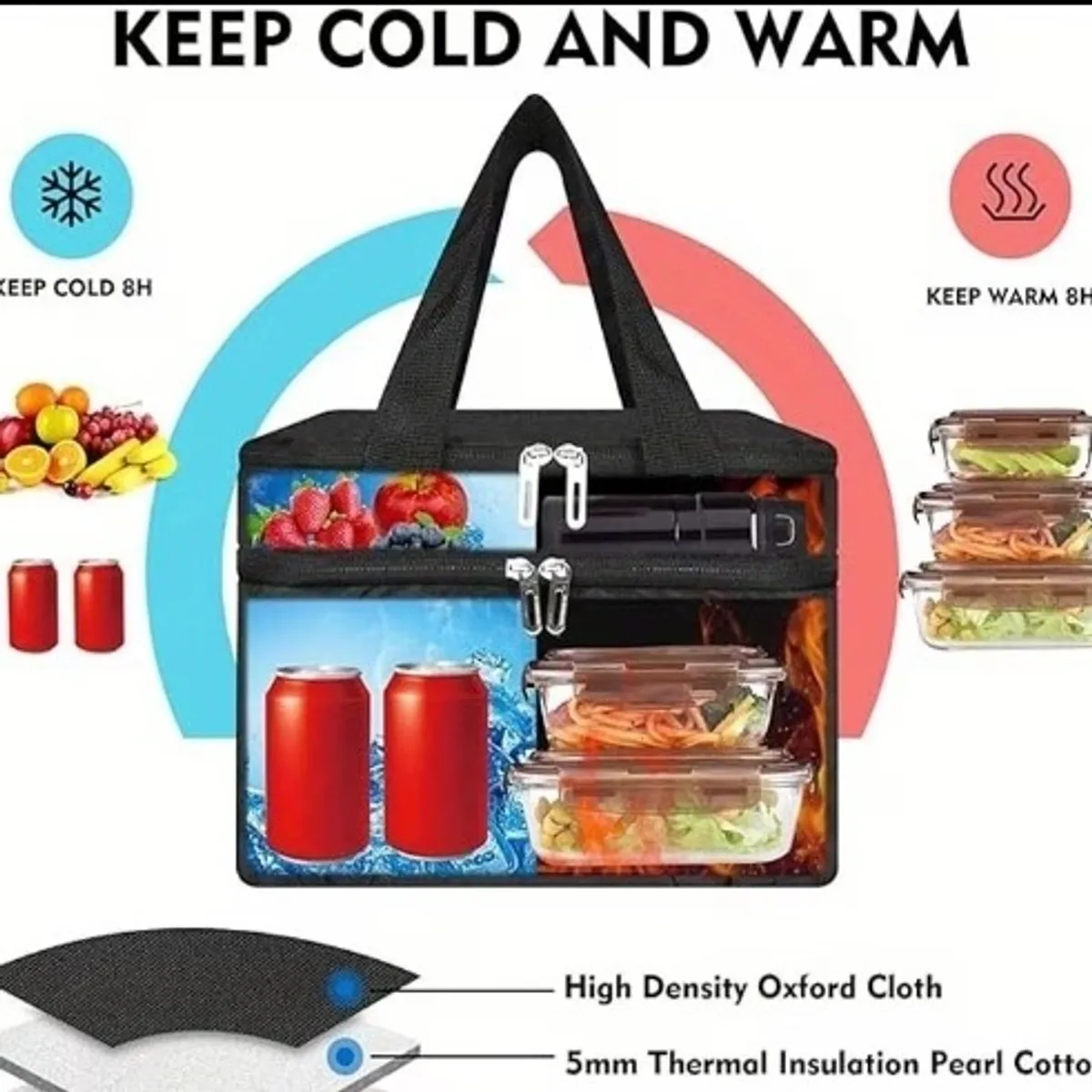 1pc Black Oxford Cloth Insulated Lunch Bag