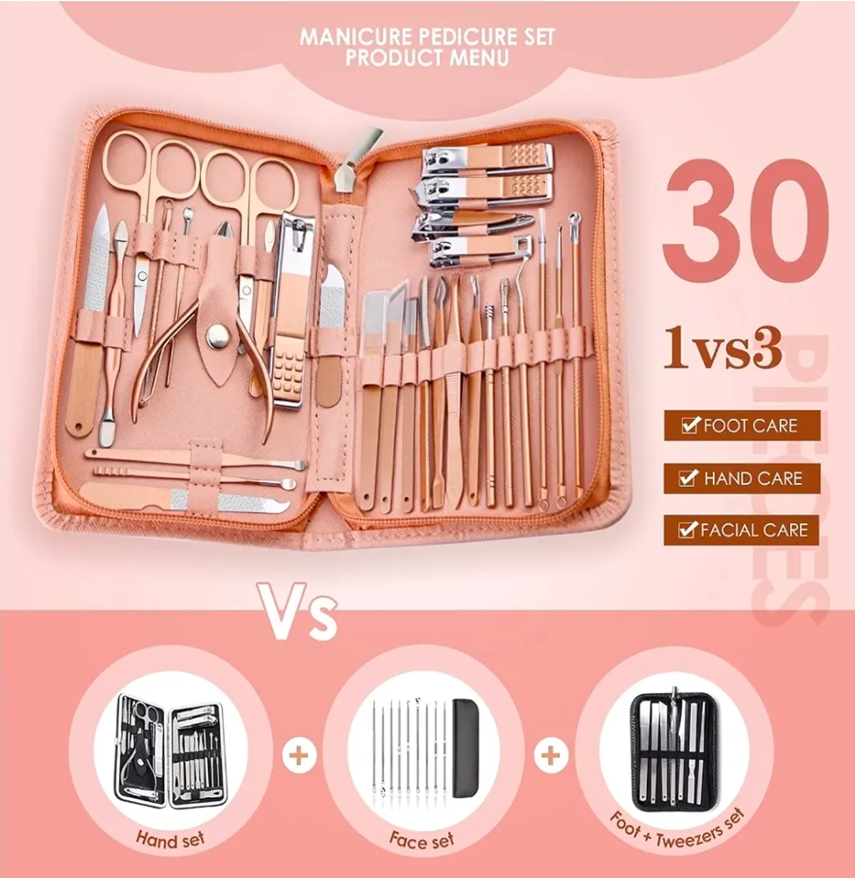 Woama Manicure Set Pedicure Kit - 30 In 1 Nail Professional Stainless Steel Care For Women Pink