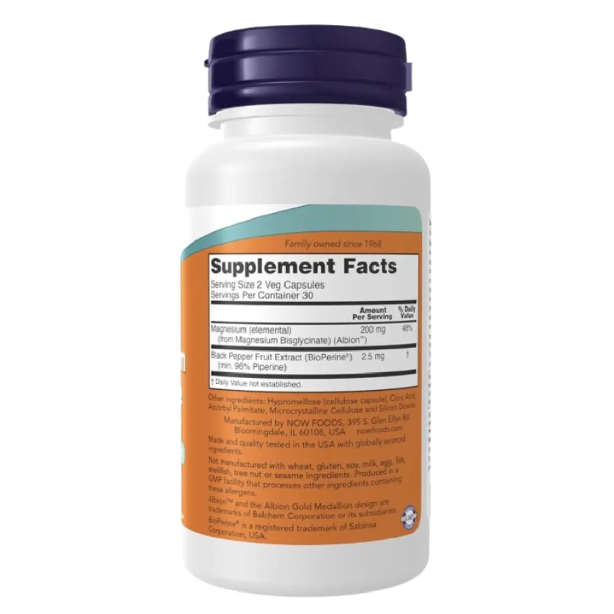 NOW Magnesium Glycinate with BioPerine® – 200 mg | 60 Veg Capsules