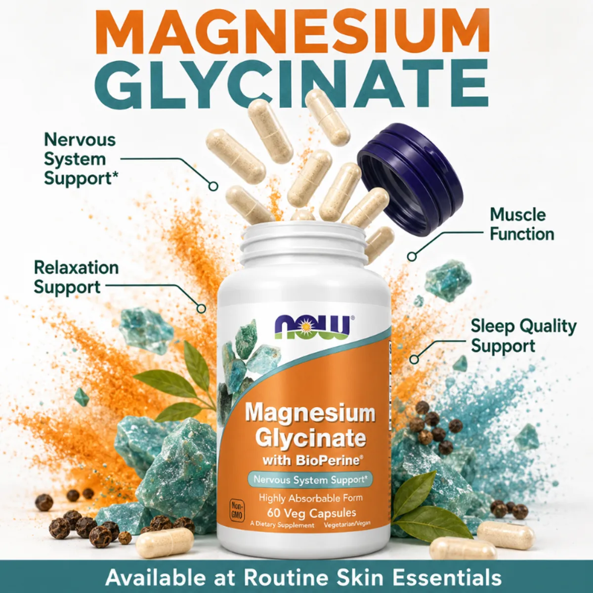 NOW Magnesium Glycinate with BioPerine® – 200 mg | 60 Veg Capsules