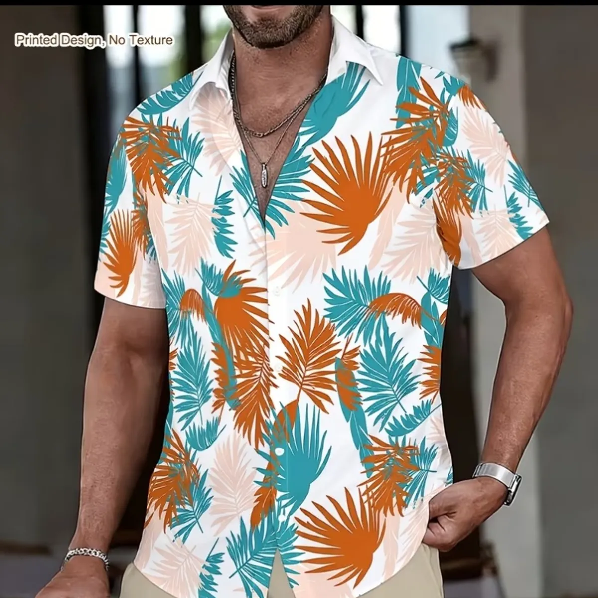 Tropical Leaf Print Men's Short Sleeve Button Down Shirt - Size L