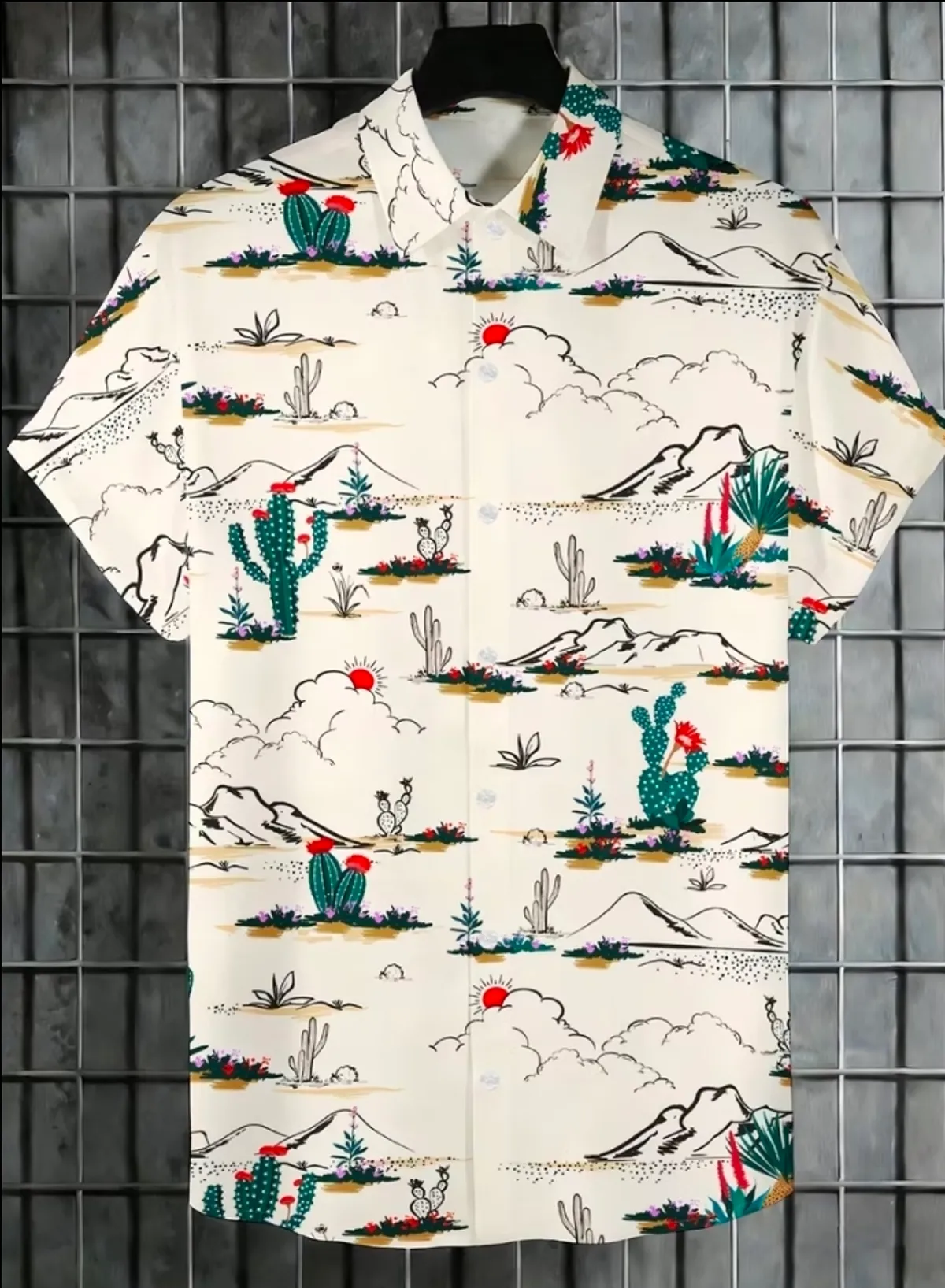 Men's Casual Short-sleeved Shirt with Cactus and Landscape Print - Size L
