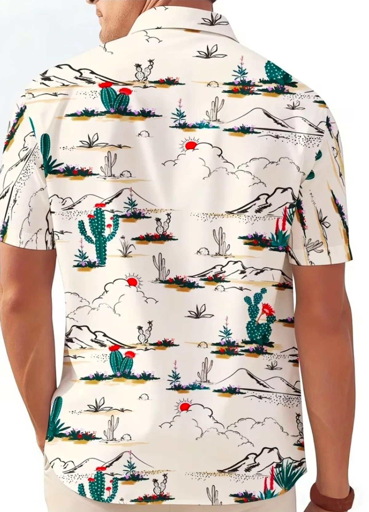 Men's Casual Short-sleeved Shirt with Cactus and Landscape Print - Size L