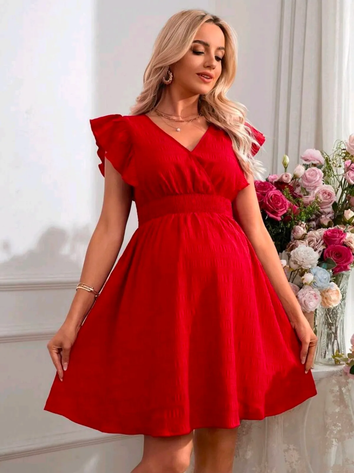 Women's Maternity Romantic Holiday Ruffled Sleeve V-Neck Dress - Size S