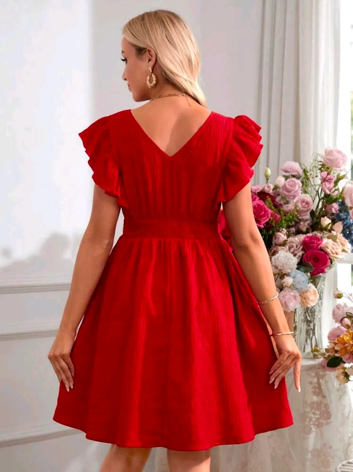 Women's Maternity Romantic Holiday Ruffled Sleeve V-Neck Dress - Size S