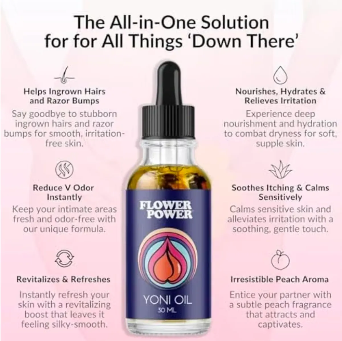 Flower Power Yoni Oil for Vaginal Moisture Support, Nourishing Feminine Care for Vaginal Dryness & Comfort, Blend of Jojoba, Peach Blossom & Sweet Almond Oil for Hydration, Vegan - 30 ml