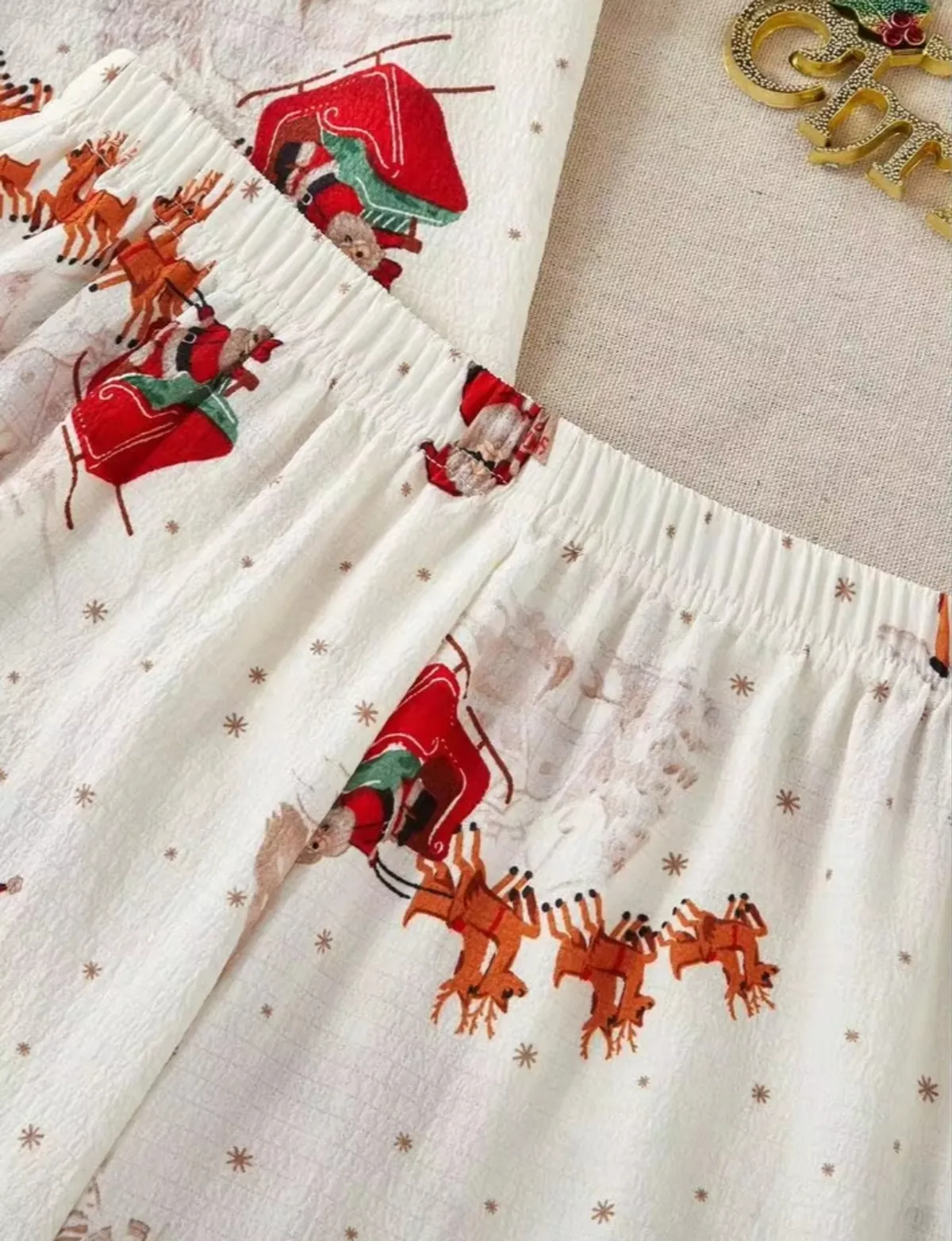 Christmas Pattern Print Lapel Cardigan Short Sleeve & Shorts Pajama Set -Size L