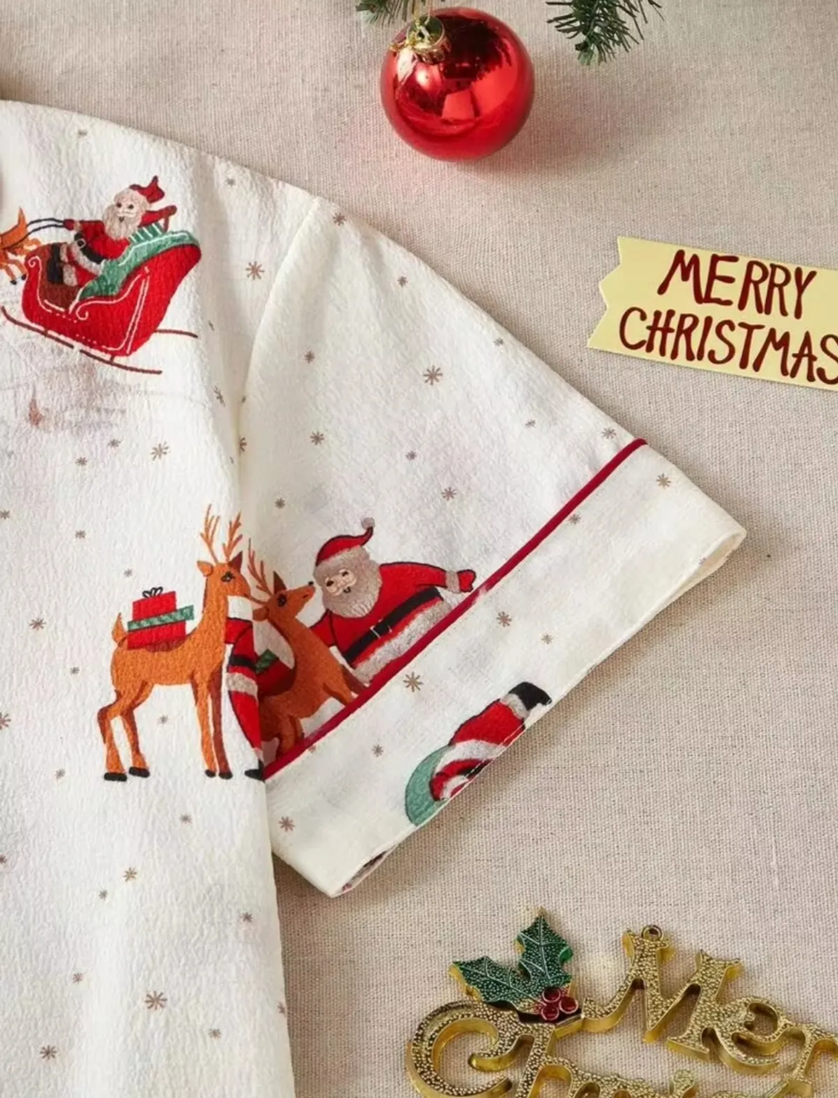 Christmas Pattern Print Lapel Cardigan Short Sleeve & Shorts Pajama Set -Size L