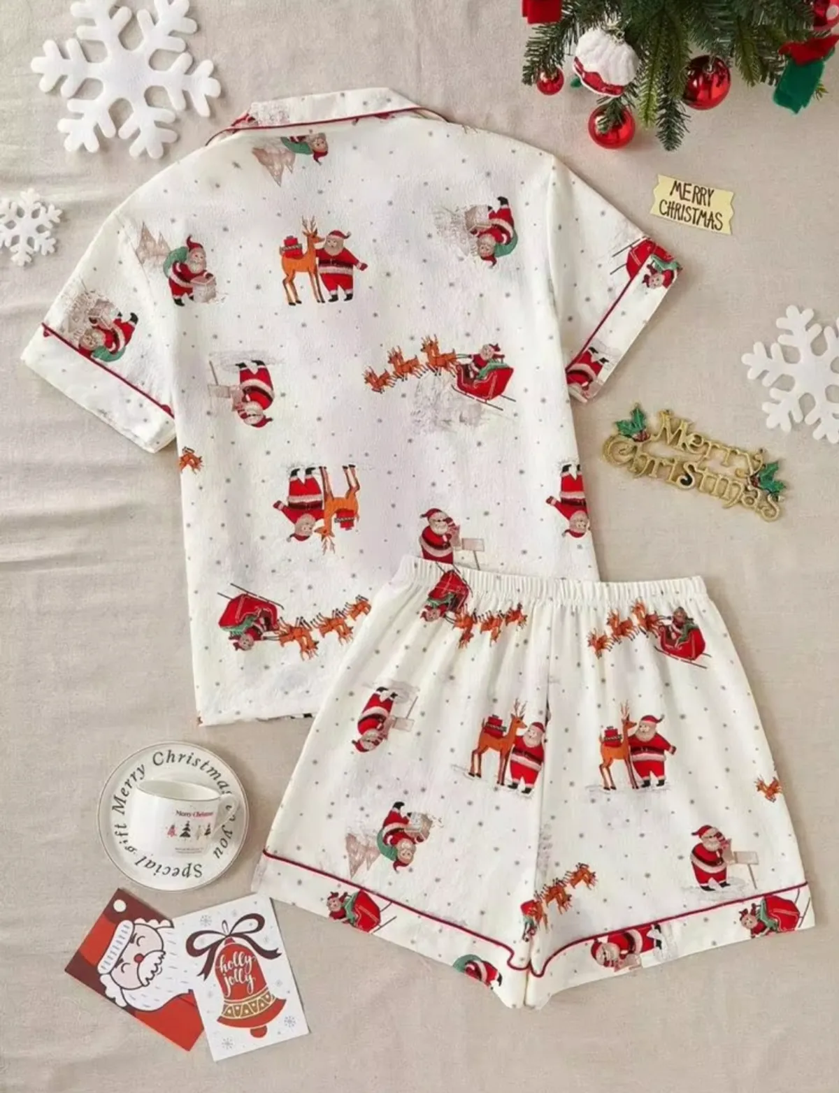 Christmas Pattern Print Lapel Cardigan Short Sleeve & Shorts Pajama Set -Size L