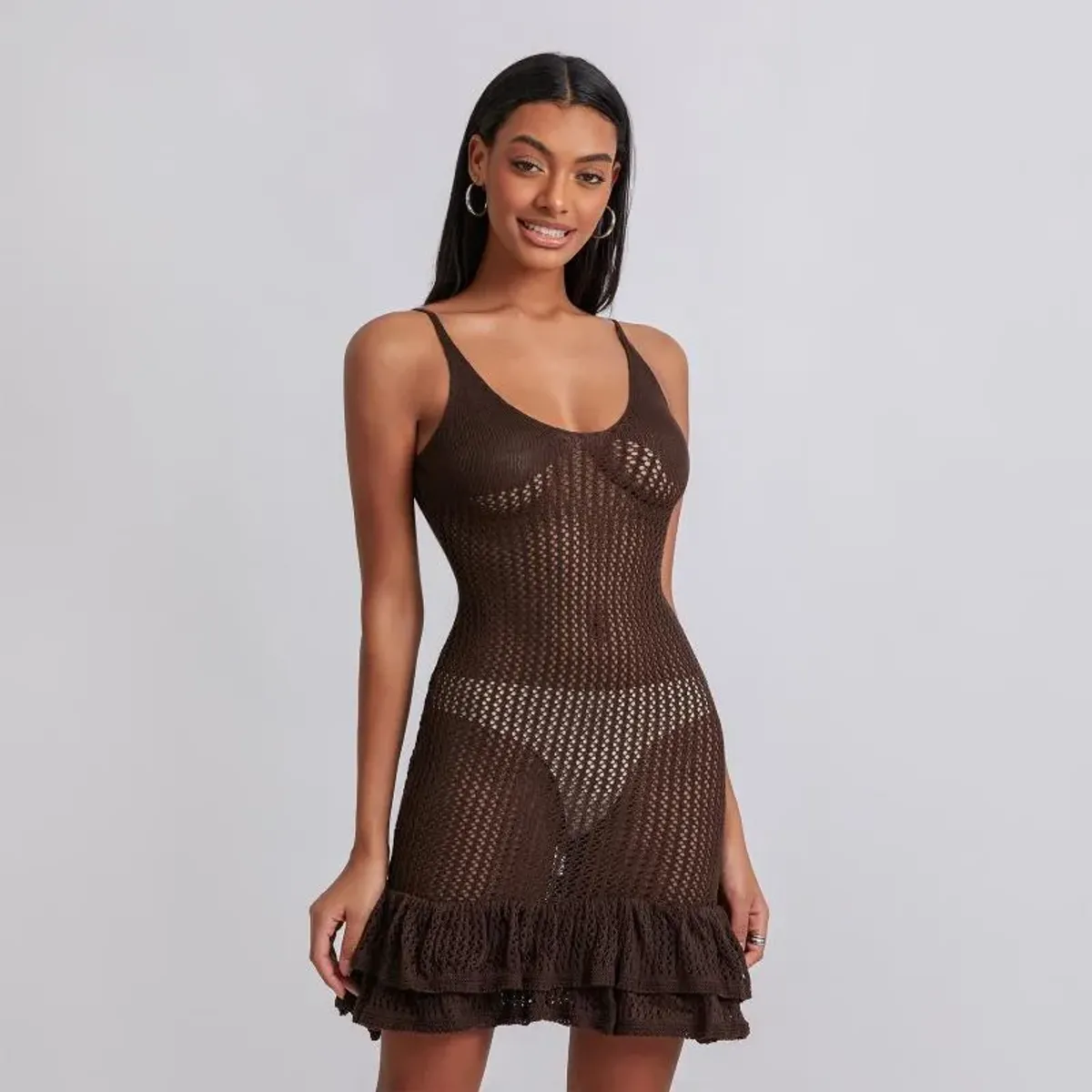 Dark Brown Sleeveless Knit Mini  Open-mesh Dress - Size M