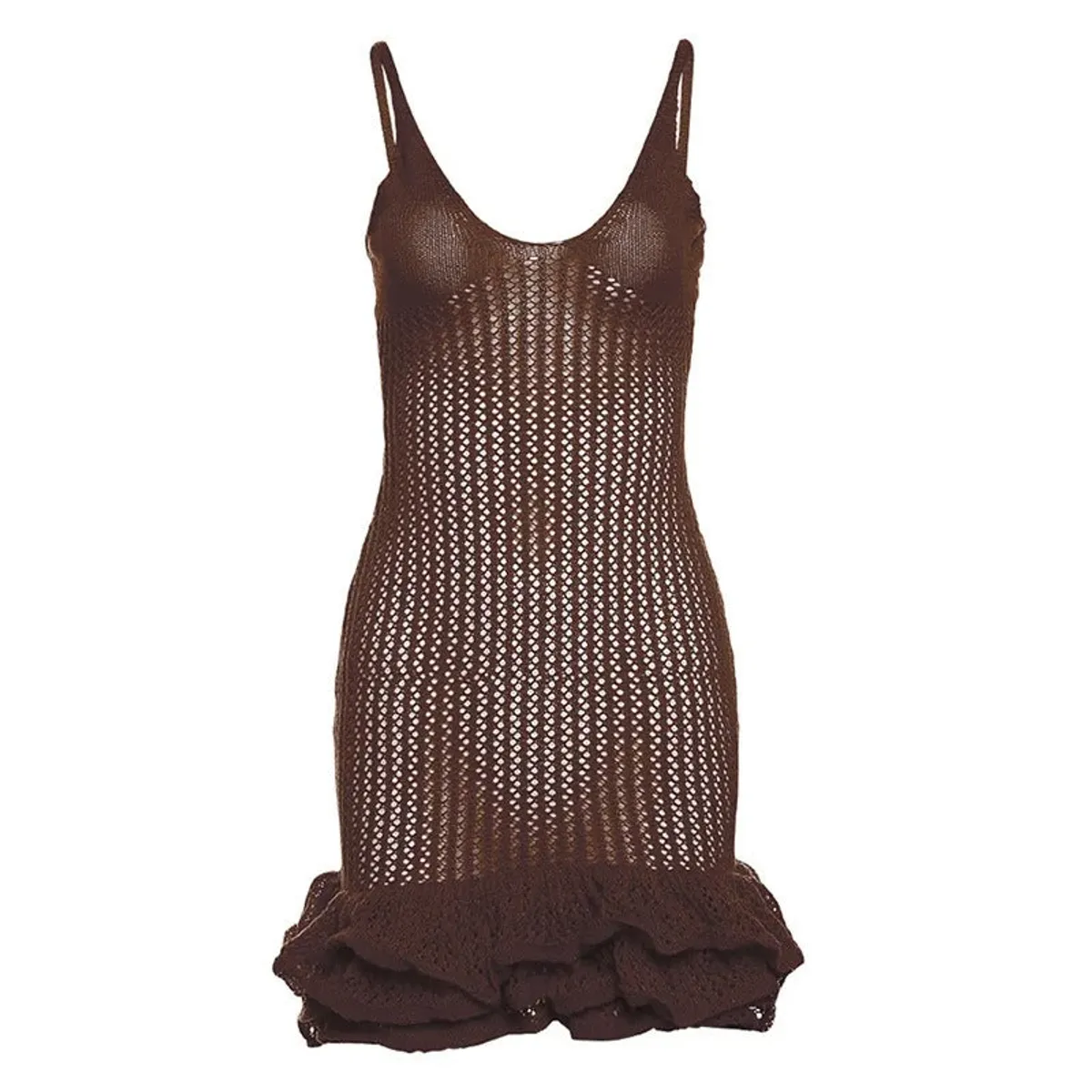 Dark Brown Sleeveless Knit Mini  Open-mesh Dress - Size M