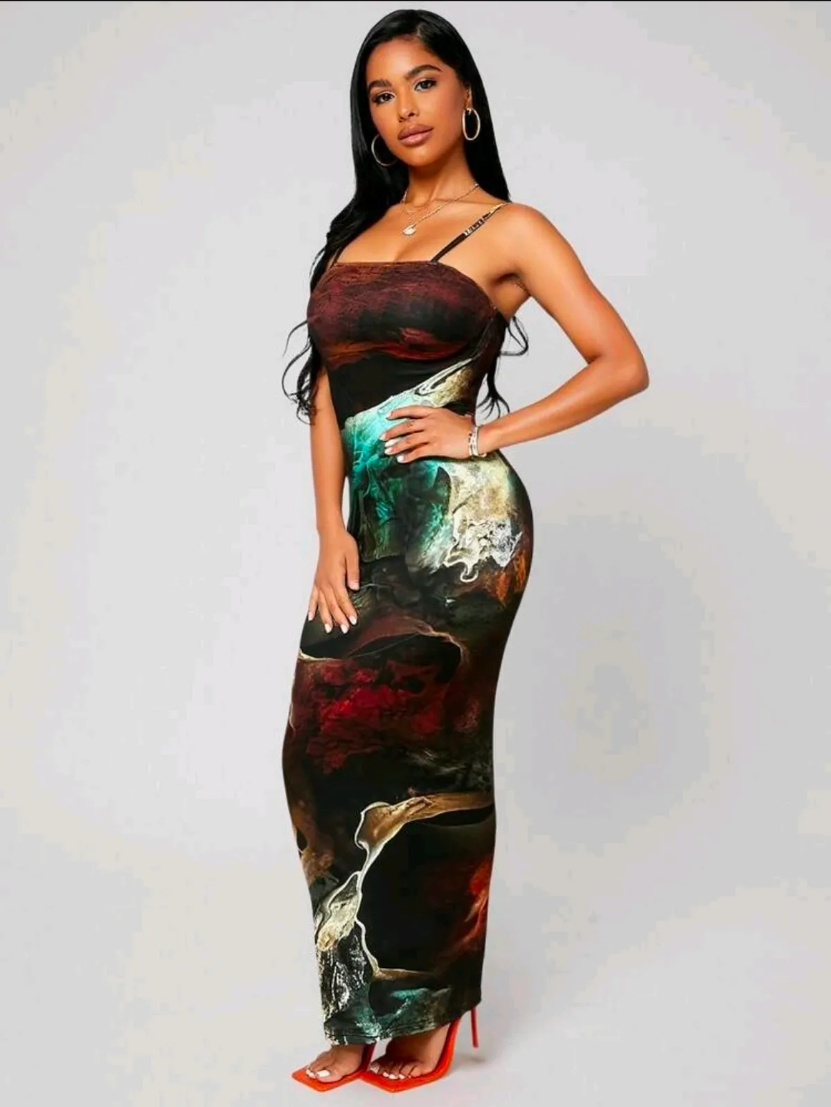Elegant Graphic Sexy Fitted Maxi Marble Print Cami Dress -Size L
