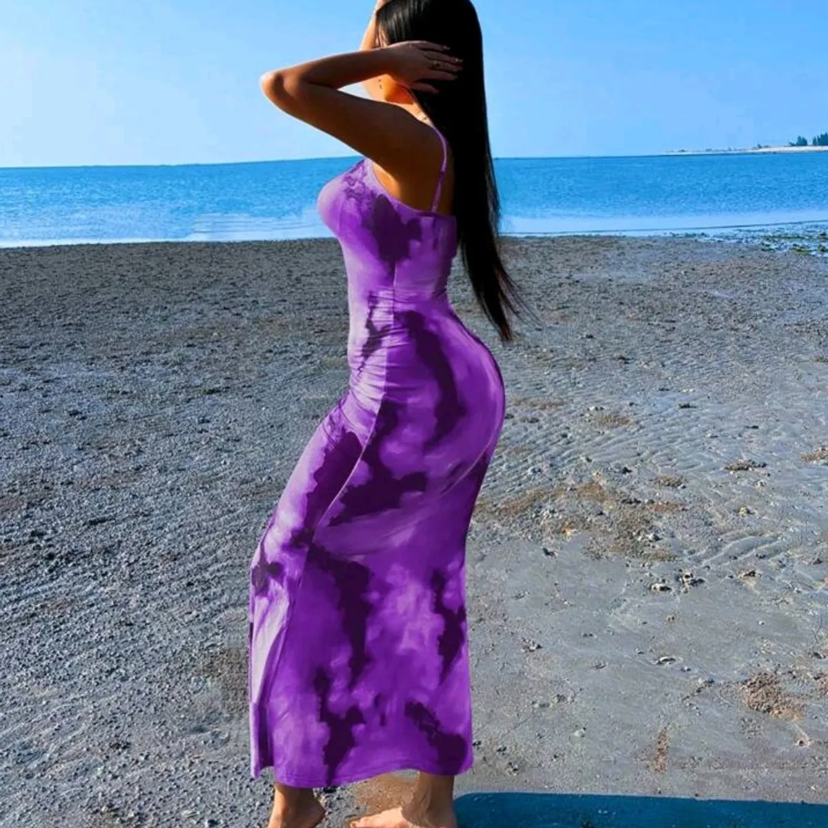 Women's Slim-Fit Sexy Gradient Flower Printed Cami Dress Maxi - Size L