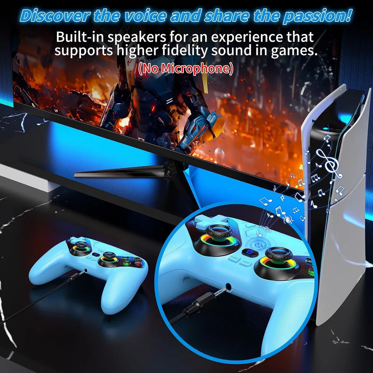 LED Wireless Controller for PS5, Compatible with PS5 Pro/Slim/PC, Dual Vibration, Macro/Turbo Function, 3.5mm Audio Jack, 6-Axis Motion Control Gamepad with Speaker