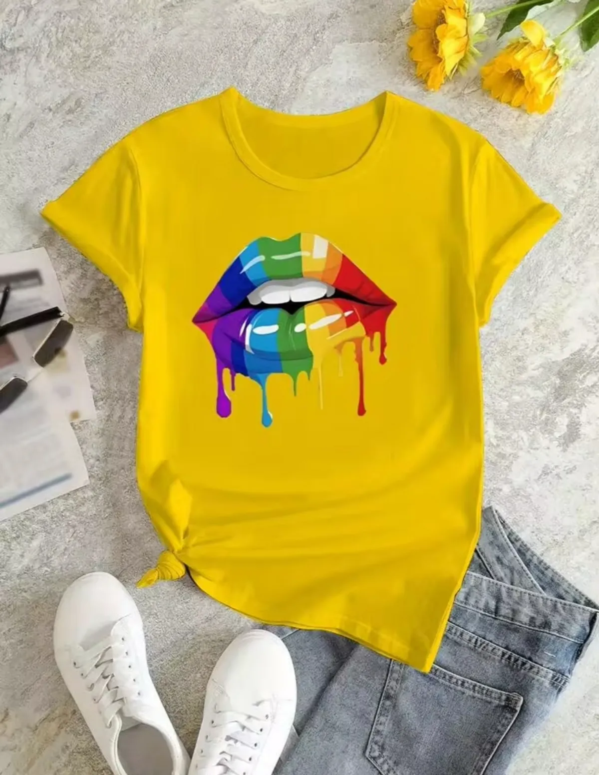 Women's Short-Sleeved T-Shirt, Rainbow Festival Print - Size L