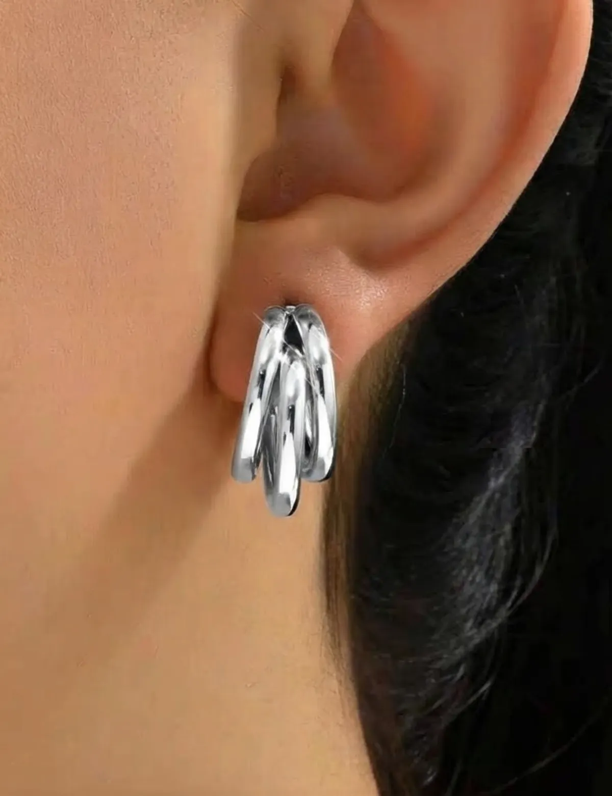 1 Pair Silver Elegant Three-Hoop Hypoallergenic, Delicate, Punk, Niche, High-End, Vintage