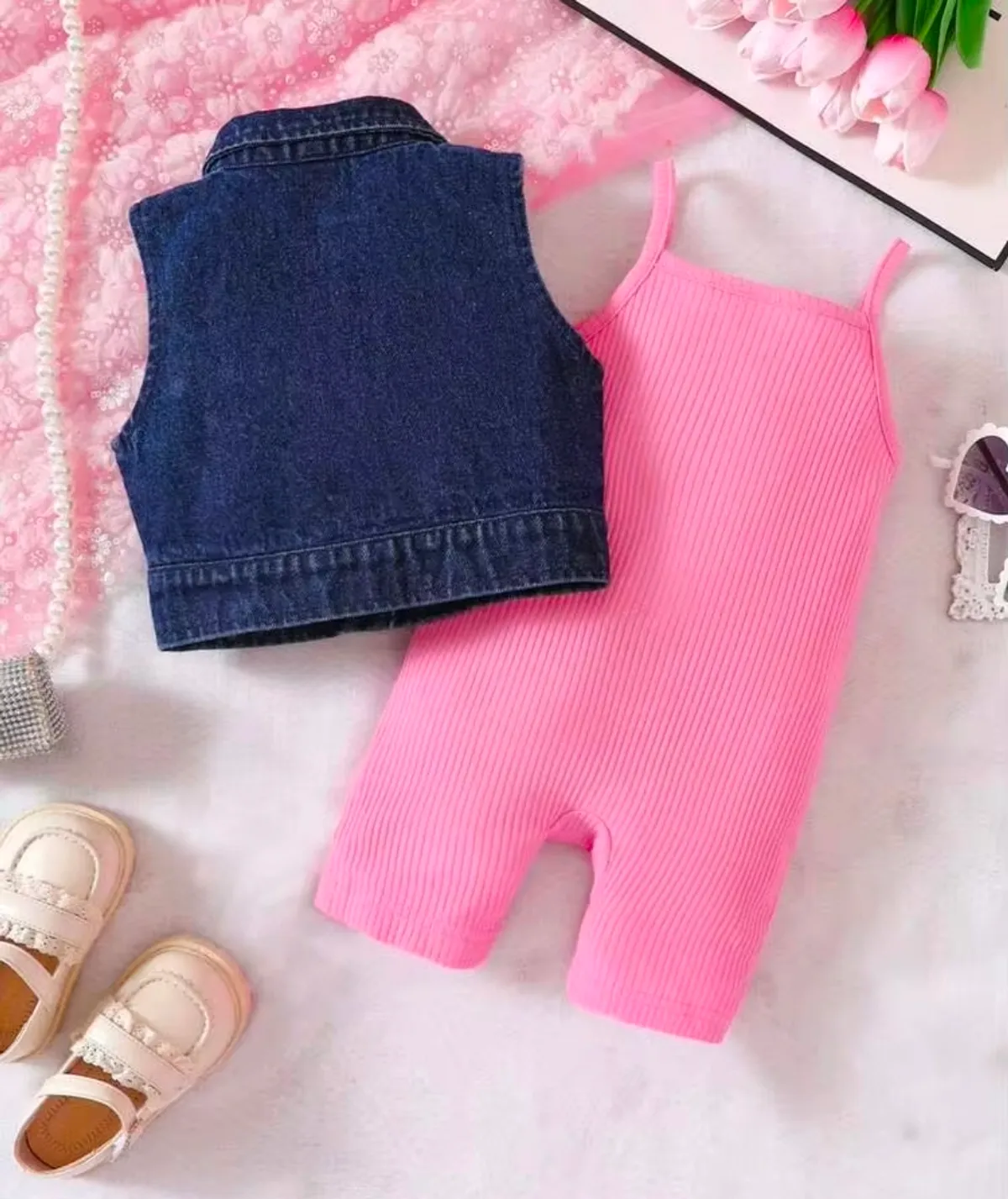 Baby Girl Flap Pocket Vest Jacket & Jumpsuit - Size 3-4Y