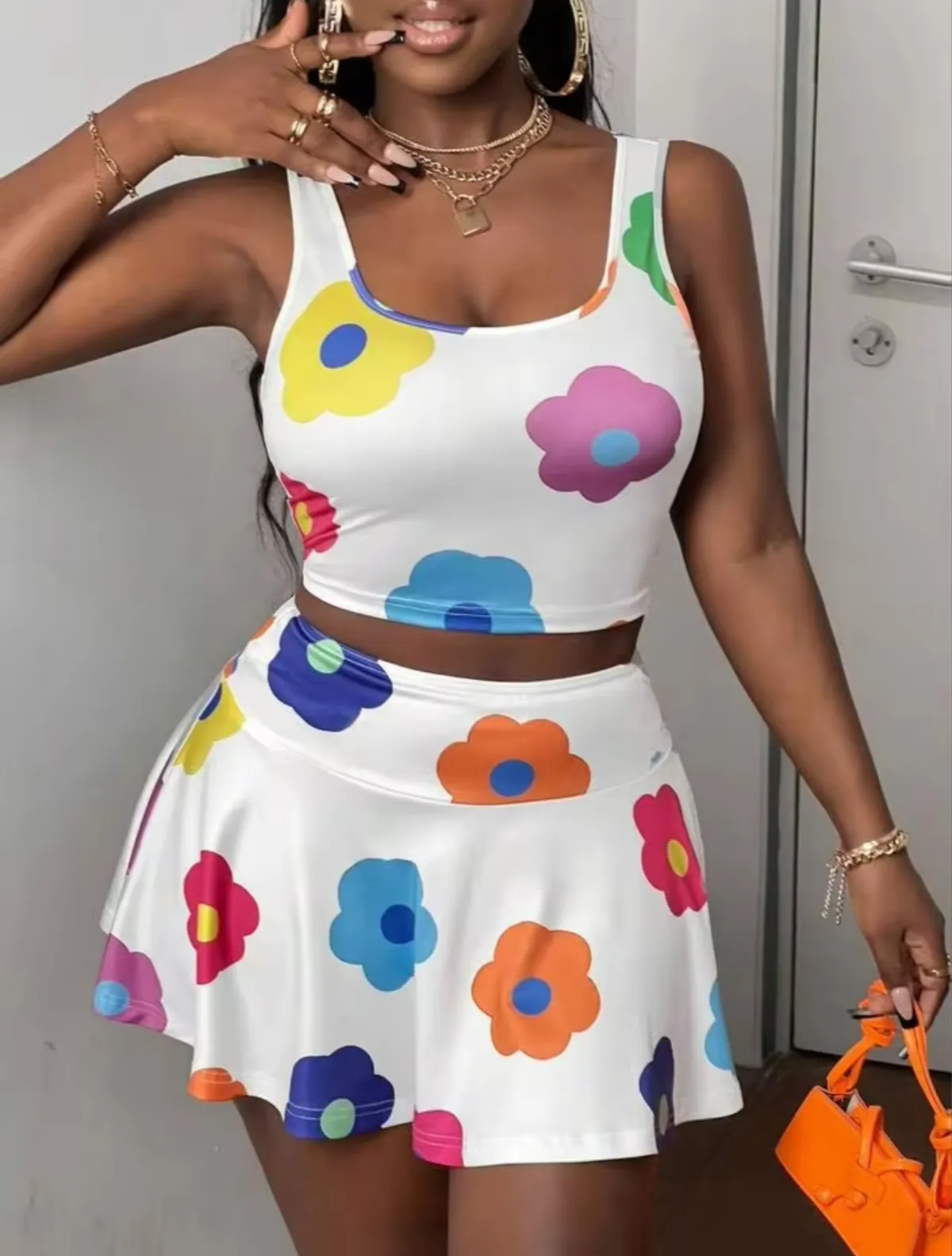 Summer Casual Vacation Vest U-Neck Cropped Top Mini Shirts Set All-Over Colorful Flower - Size S