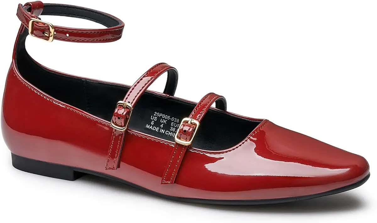 Flats for Women Square Toe Mary Jane Shoes Women Ballet Flat Mary Jane Flats with Triple Strap Buckle Patent Comfortable Dress Shoes