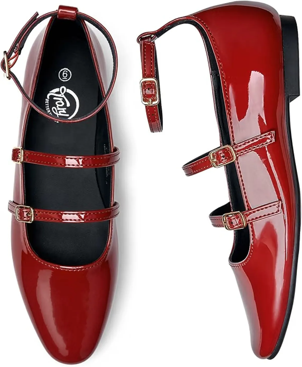 Flats for Women Square Toe Mary Jane Shoes Women Ballet Flat Mary Jane Flats with Triple Strap Buckle Patent Comfortable Dress Shoes