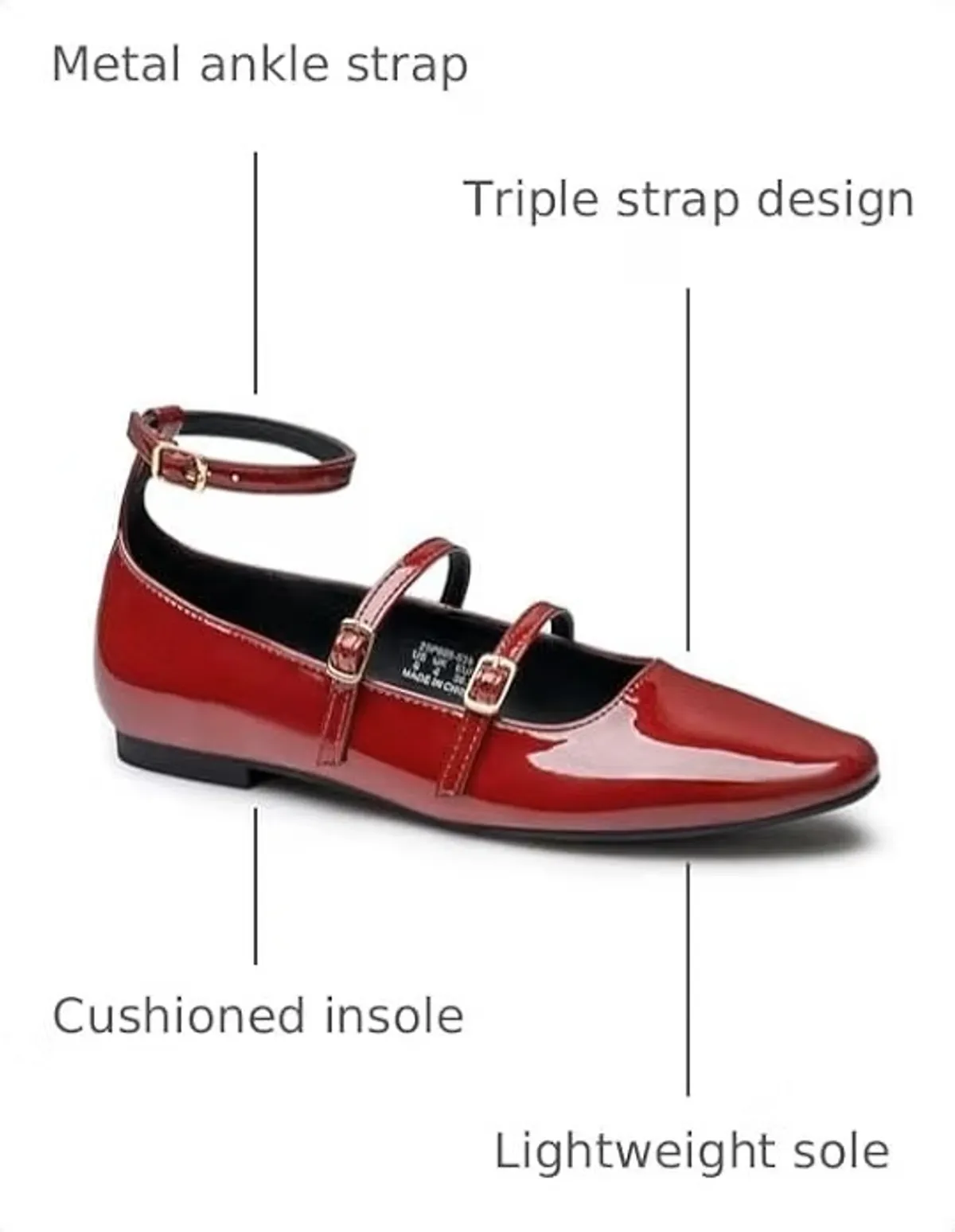 Flats for Women Square Toe Mary Jane Shoes Women Ballet Flat Mary Jane Flats with Triple Strap Buckle Patent Comfortable Dress Shoes