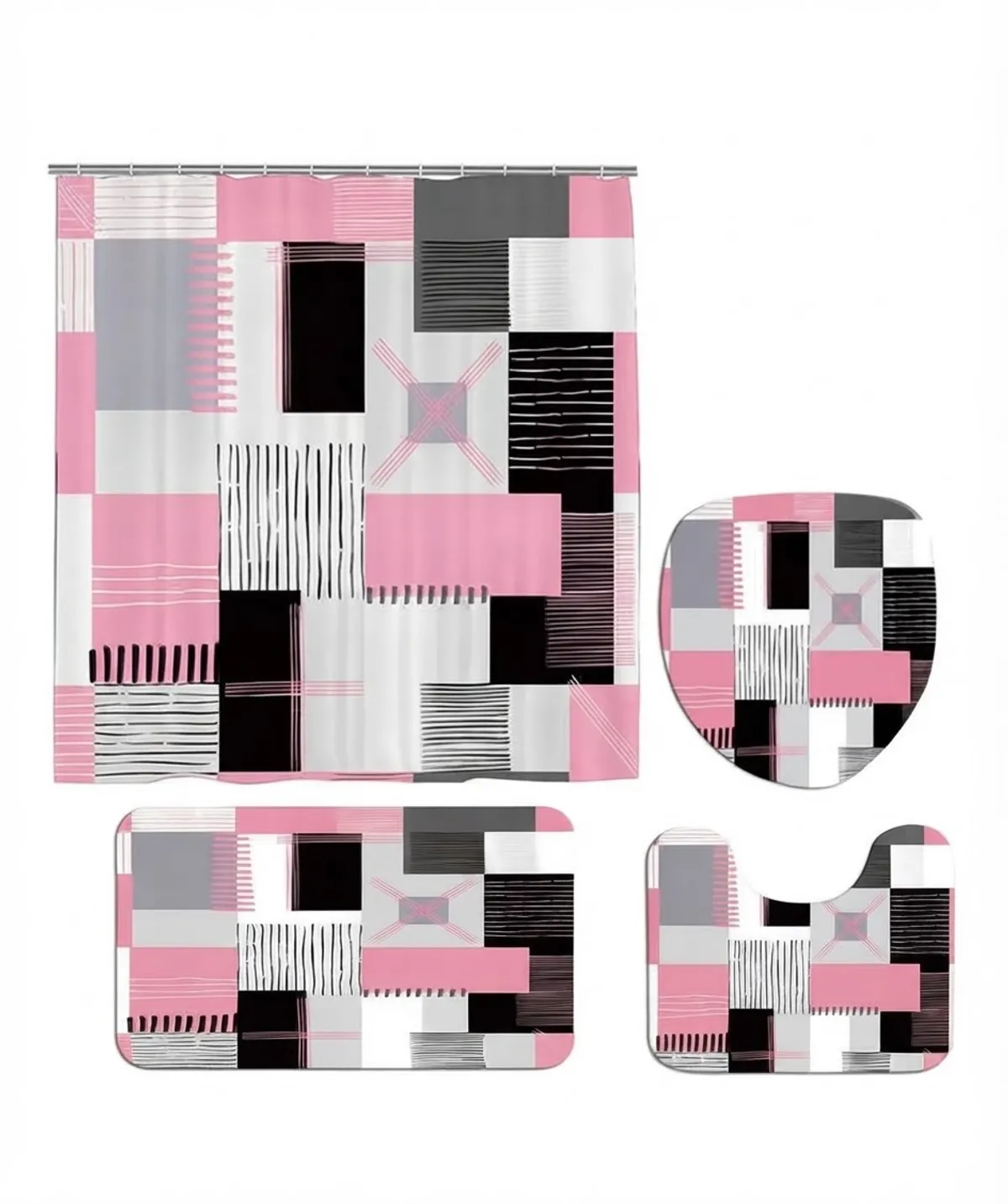 1Pink Square Pattern Shower Curtain Set,Shower Curtain With Floor Mat, U-Shaped Mat, Toilet Seat Mat, With 12 Hooks