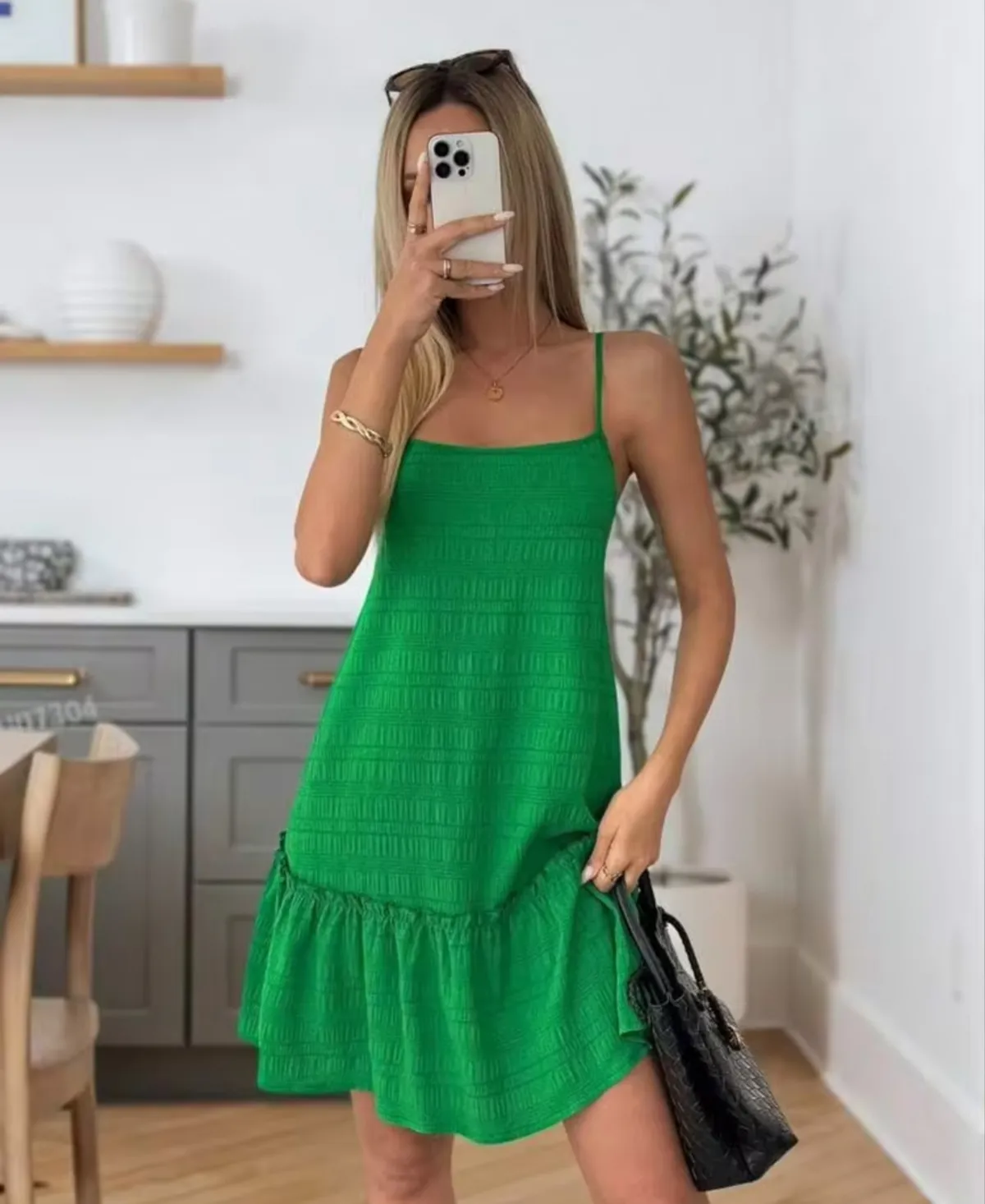 Women's Solid Color Ruffle Hem Camisole Mini Dress - Size L