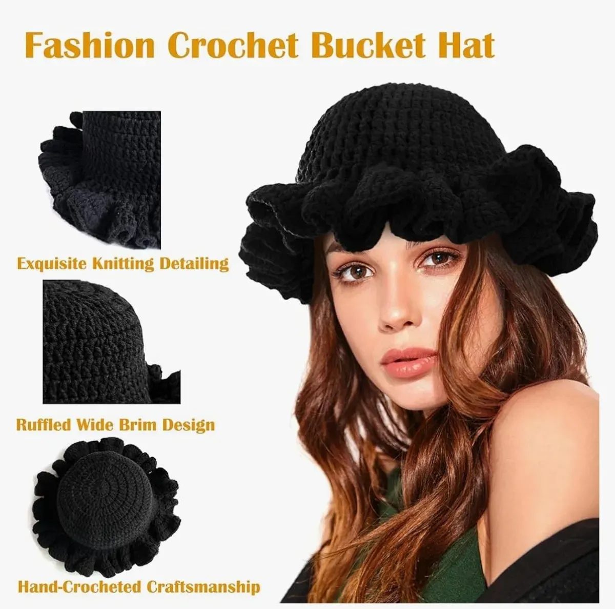 Black Crochet Ruffle Bucket Hat For Women