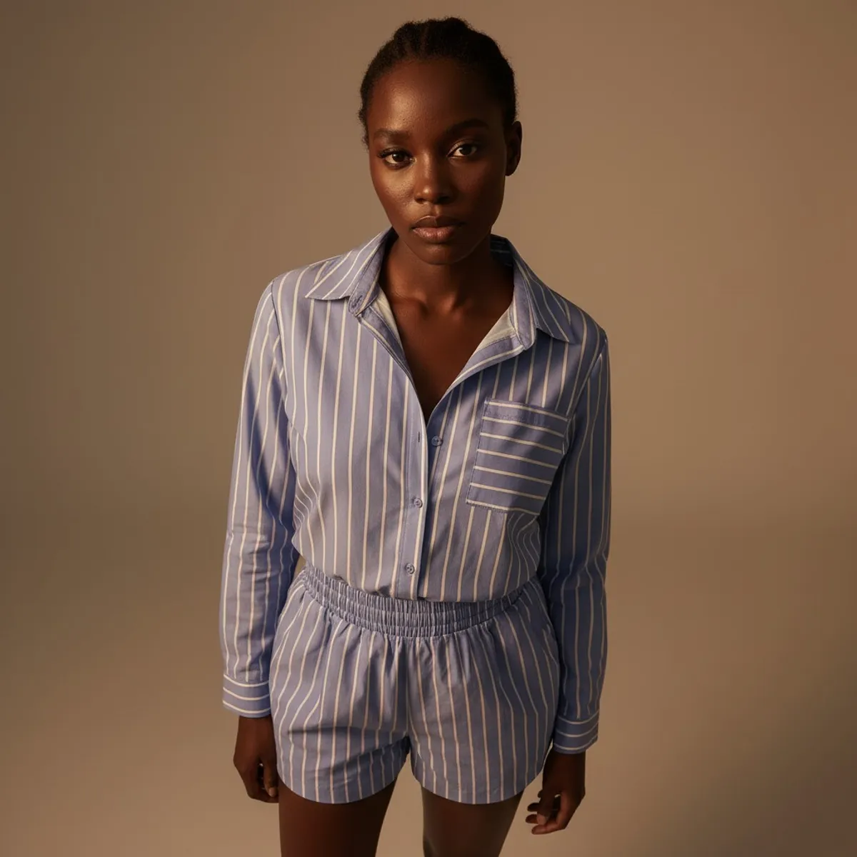 Women's 2 PC Striped Set, Lapel Neck Long Sleeve Button Down Shirt Shorts Casual Outfits - Size M