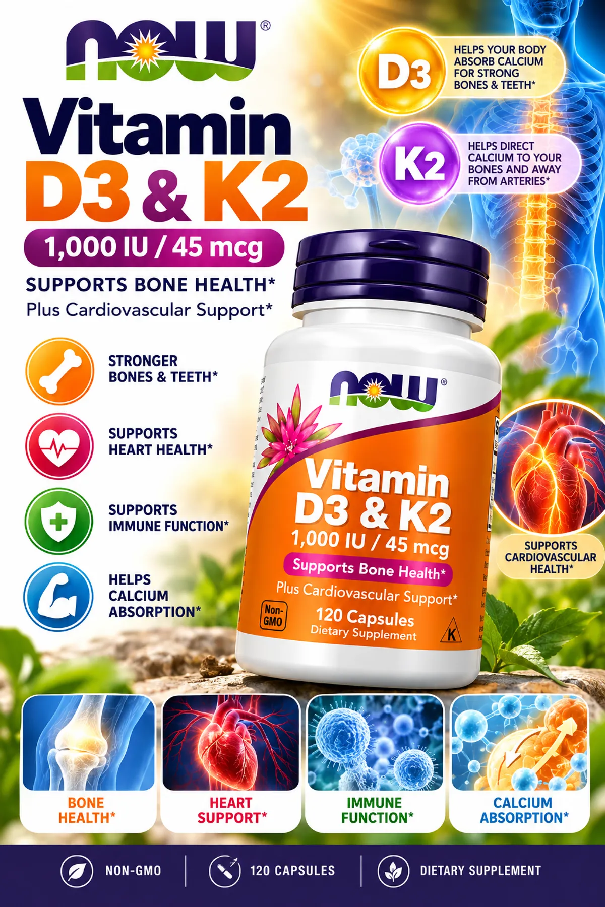 NOW Vitamin D-3 & K-2, 1,000 IU/45 mcg, 120 Veg Caps