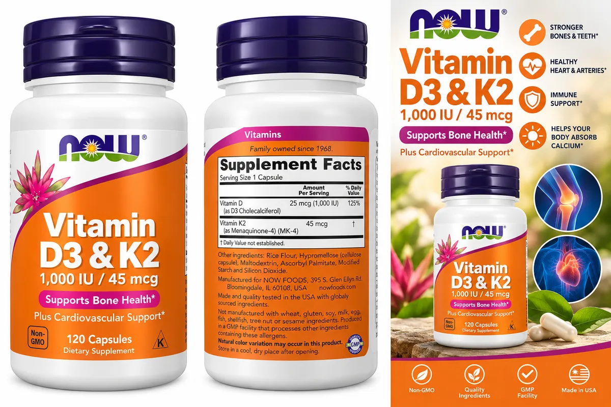 NOW Vitamin D-3 & K-2, 1,000 IU/45 mcg, 120 Veg Caps