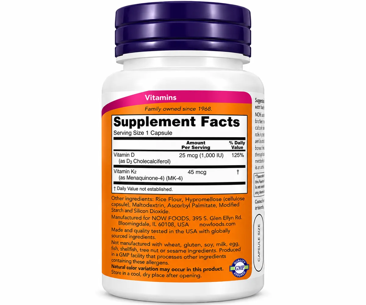 NOW Vitamin D-3 & K-2, 1,000 IU/45 mcg, 120 Veg Caps