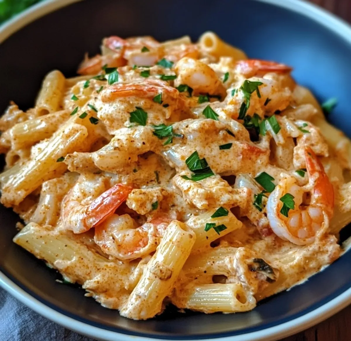Shrimp rasta pasta served with Garlic bread